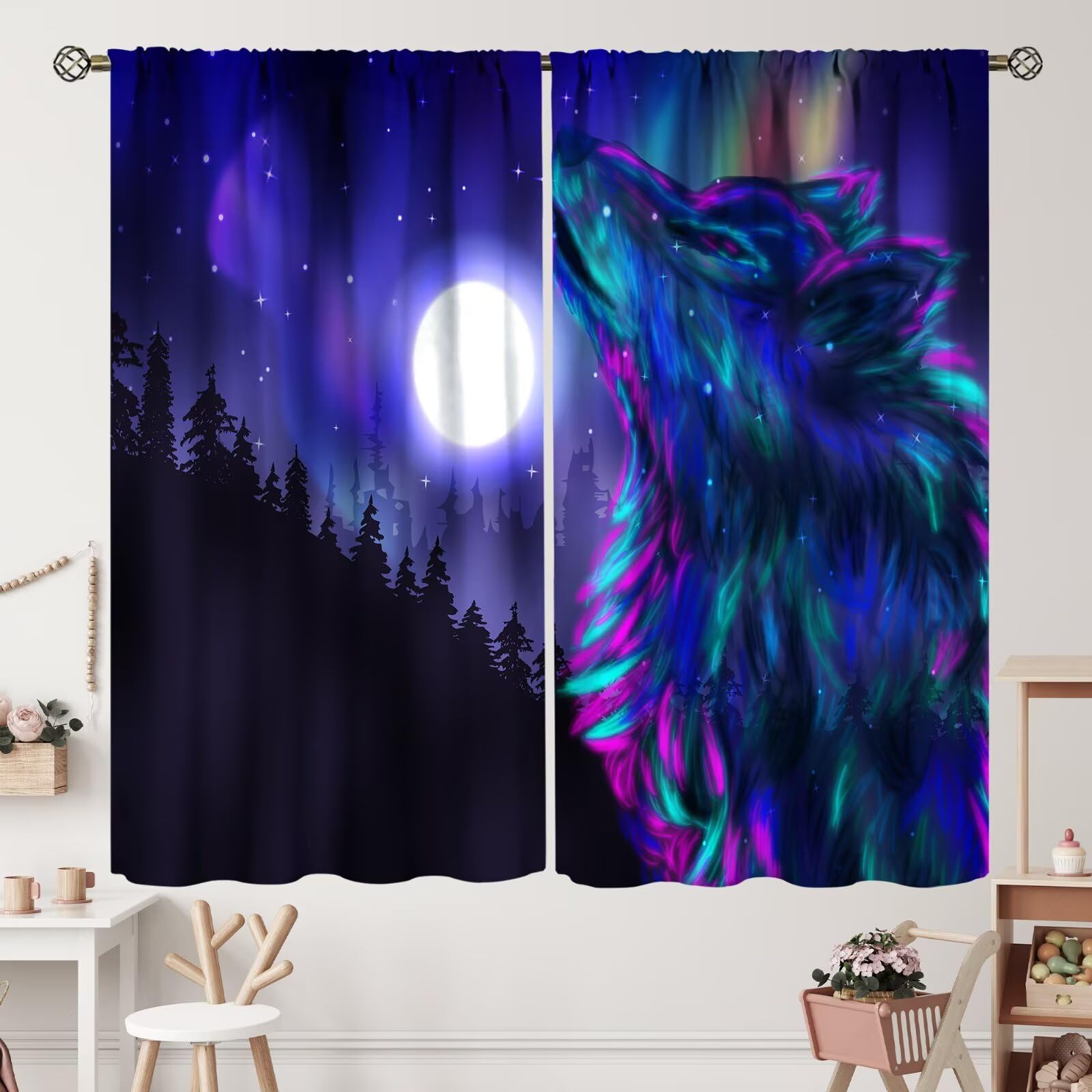 Moon Curtains,Northern Imagery Aurora Borealis Wolf Forest Night Blackout Rod Pocket Curtain,Living Room Bedroom Window Drapes 2 Panel Set 72x63in