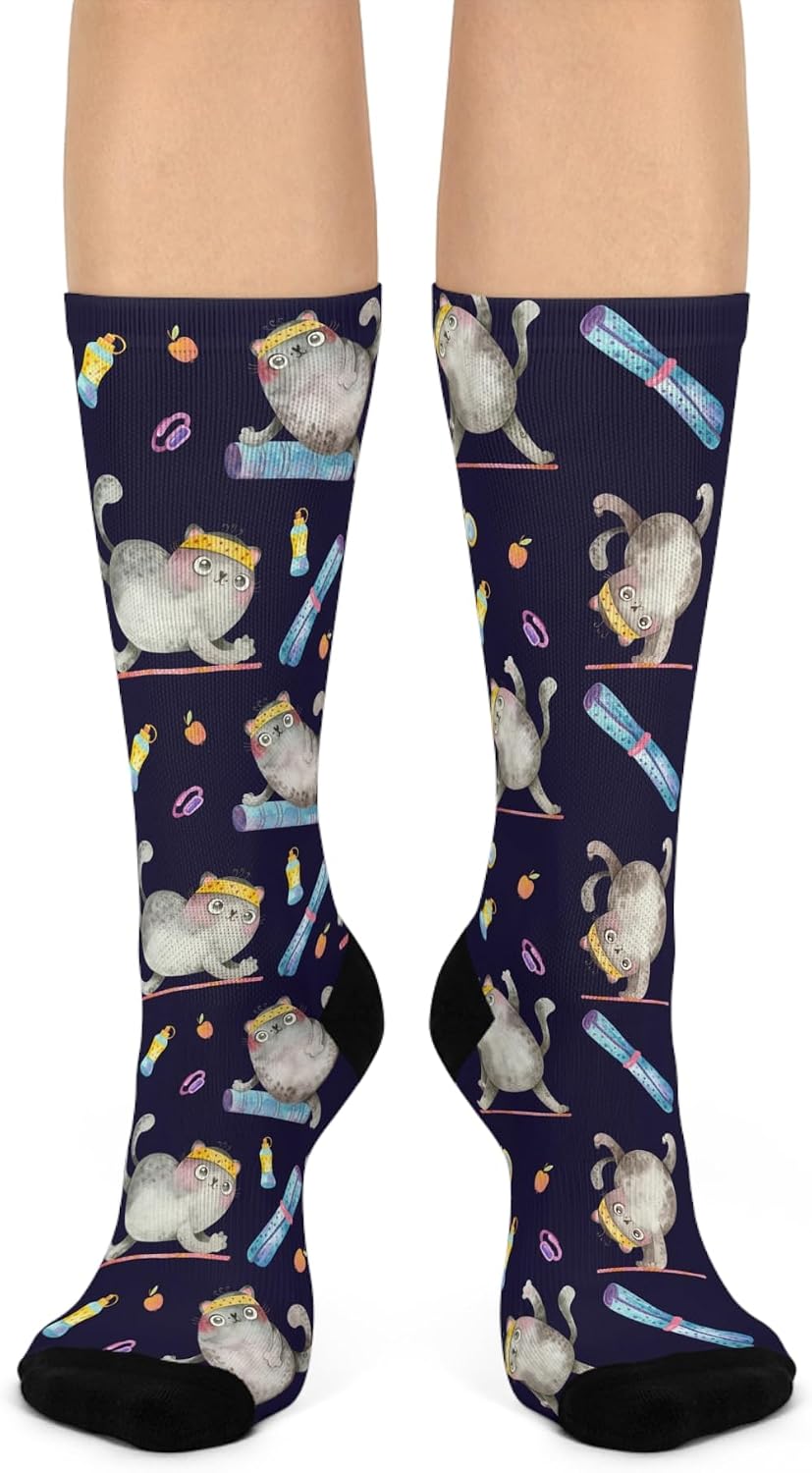 Cushioned Crew Socks, Cats Doing Yoga, Fun Animal Print Footwear, Novelty Gift for Cat Lovers, Cozy Kitty Athletic Socks,