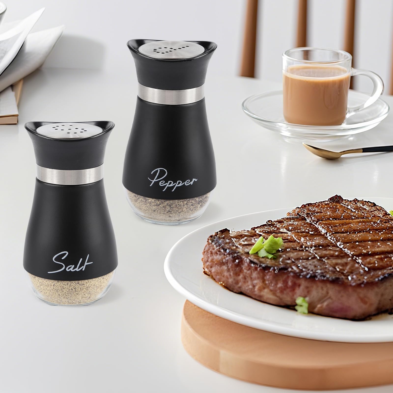 HZPZPP ,Salt and Pepper Sets,Salt and Pepper Shakers Sets with Holder,Set of 2 Stainless Steel and Glass Bottle Stainless Steel,Salt Shaker Dispenser for Cooking BBQ (Black) - Image 2