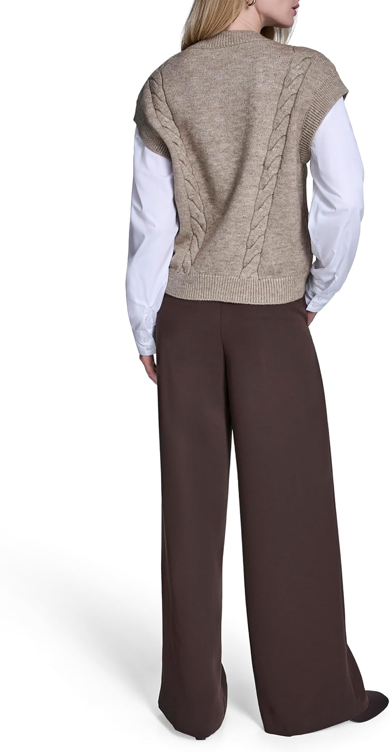 BCBG Womens Crewneck Sweater Vest with Woven Sleeves - Image 4