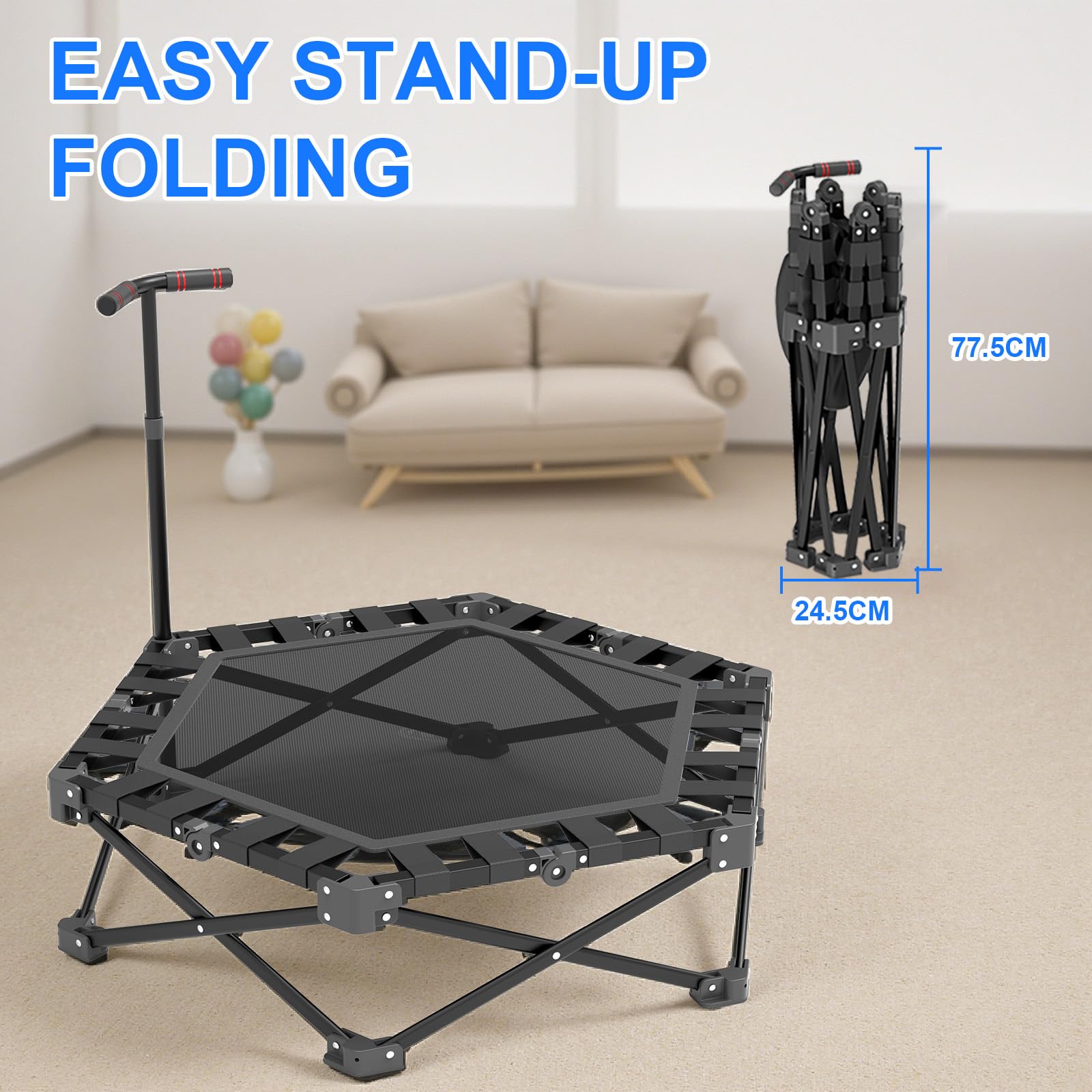Mini Trampolino Fitness Pieghevole per Adulti, Trampolino per Interni con Maniglia Regolabile, 106 cm, Portata 275 kg, Trampolin per Casa