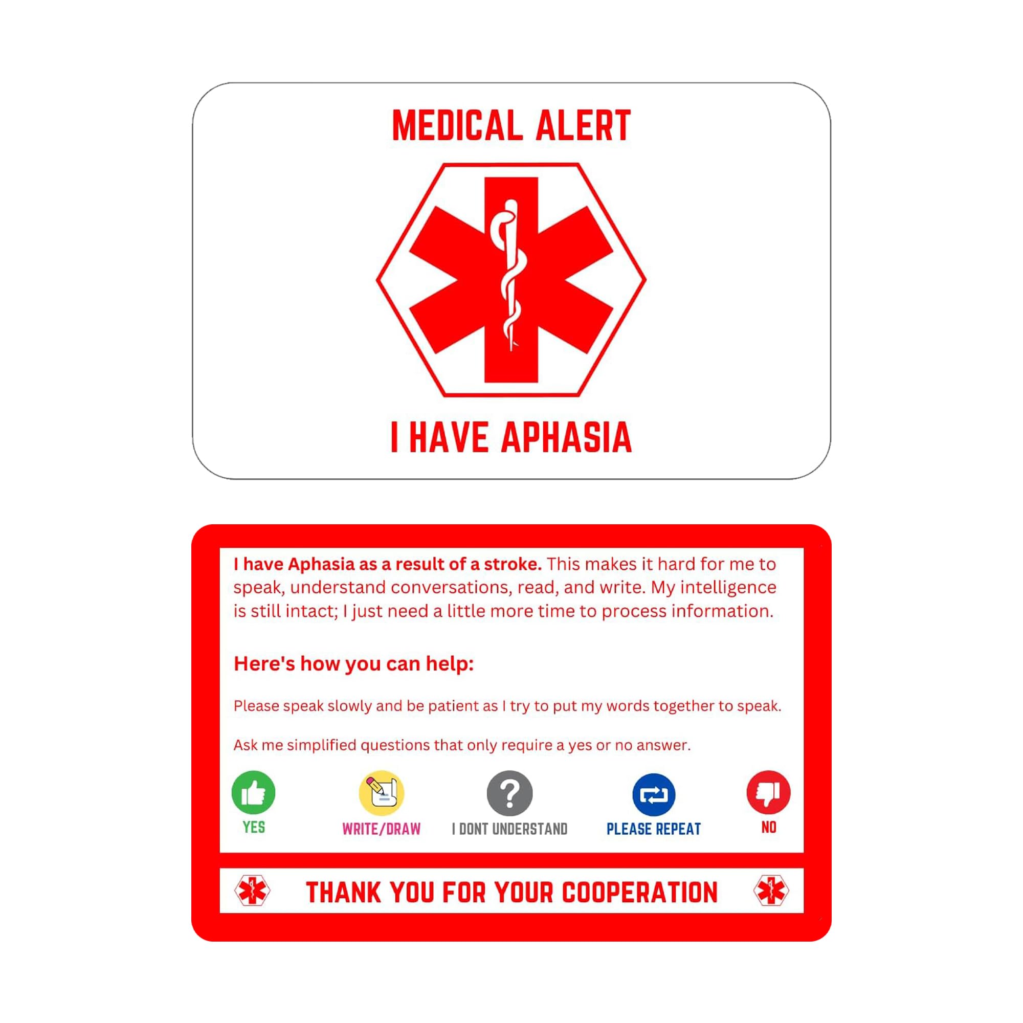 Aphasia Medical Alert Communication Wallet Card, confezione da 2 (bianco)