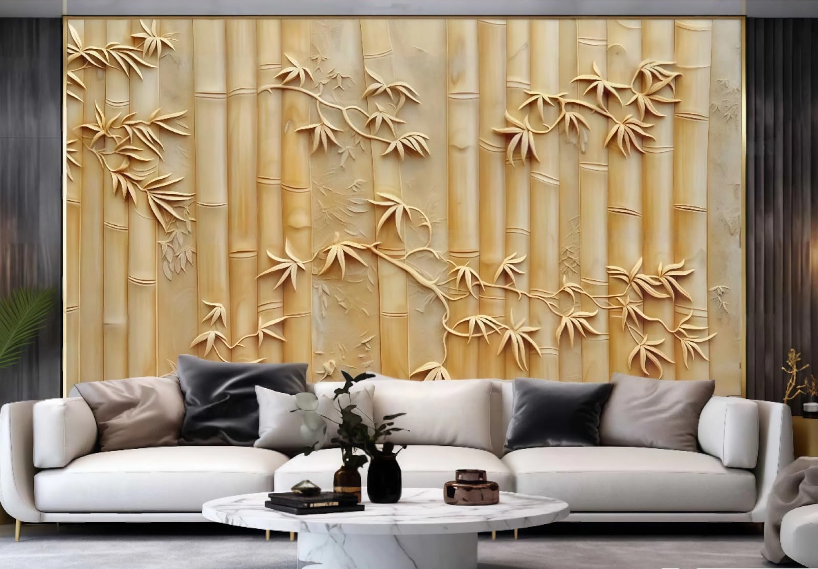 Nowoczesna minimalistyczna tapeta beżowy piaskowiec bambus tłoczony wzór marmuru obraz telewizor sofa tło tapeta ścienna salon restauracja kawiarnia, 3D, 200 x 140 cm