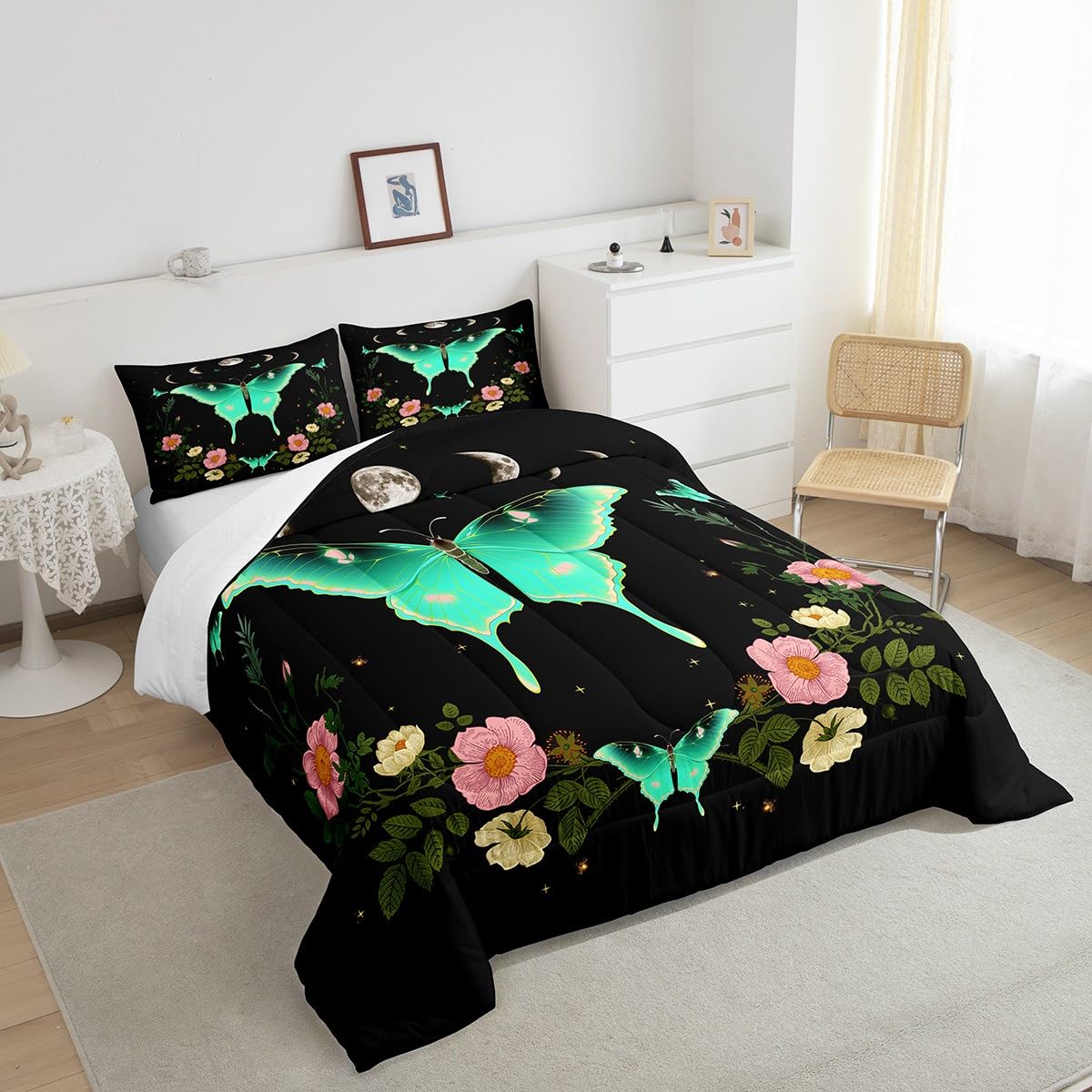 Homewish Moth Comforter Set Full,Moon Planet Starry Sky Galaxy Bedding Set 3pcs for Kids Teens Boys Girls Room Decor, Gothic Butterfly Quilt Set Floral Duvet Insert with 2 Pillowcases