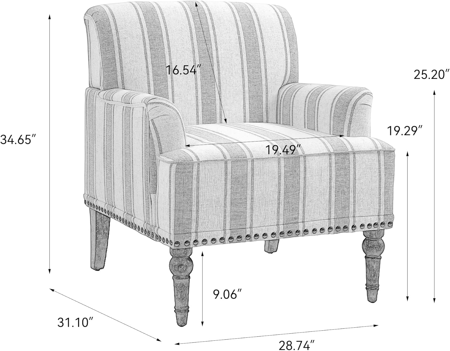 Pia Ricco Stripe Accent Chair-Modern Nailhead Trim & Wood Legs Armchair - Comfy Living Room, Bedroom, or Home Office Seating-Light Blue