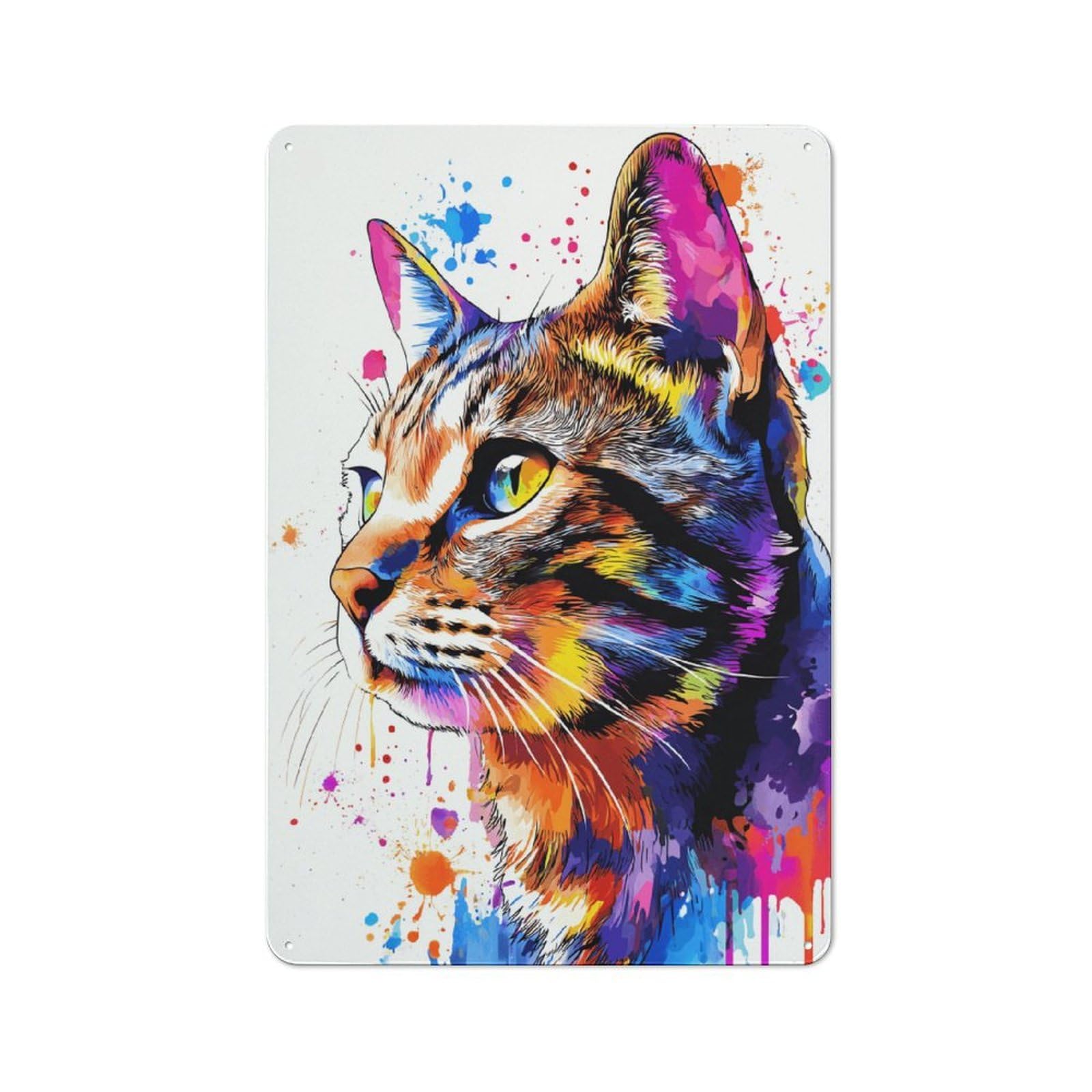 Junmoney Colorful Tabby Cat Art Print Tin Wall Plaque 30X20cm With For Dining Room Or Kitchen, Tin Sign Wall Decor For Kitchens And Dining Spaces