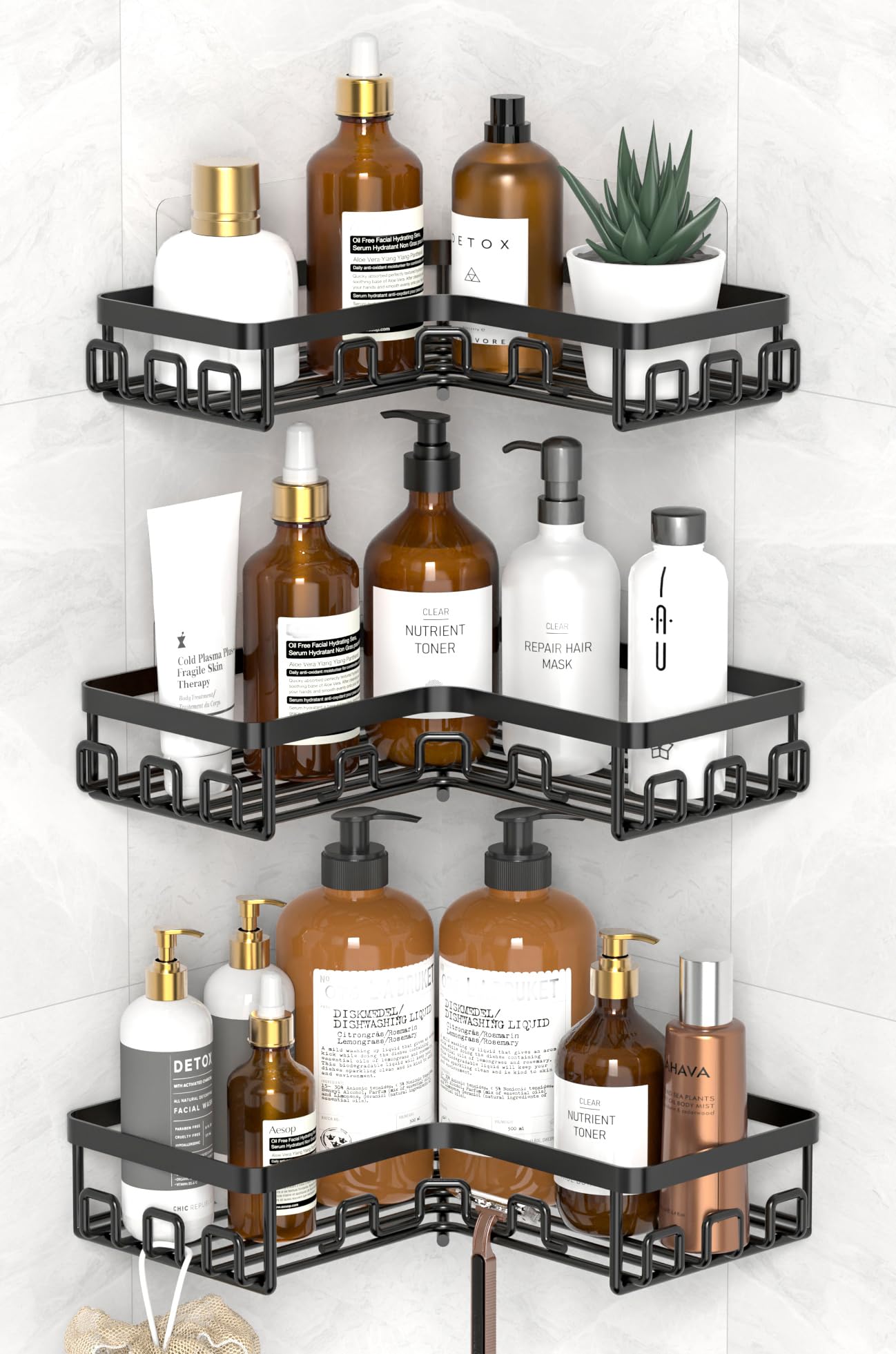 Kegii 3-Piece Corner Shower Caddy - Black Corner Shower Shelf Self Adhesive Bathroom Shelf Stainless Steel Bathroom Shampoo Holders