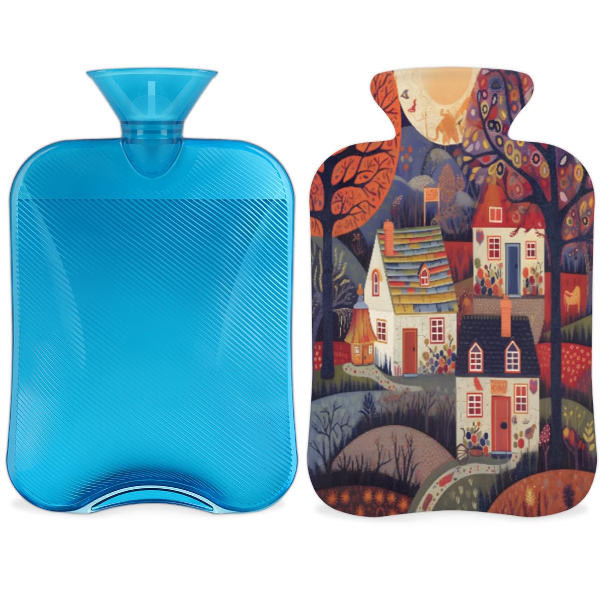 Hot Water Bottle with Soft Cover,2L Cartoon City Hot Water Bag for Hot and Cold Compress, Hand Feet Warmer, Artistic City Rubber Hot or Cold Water Bottle Halloween Christmas Decorations