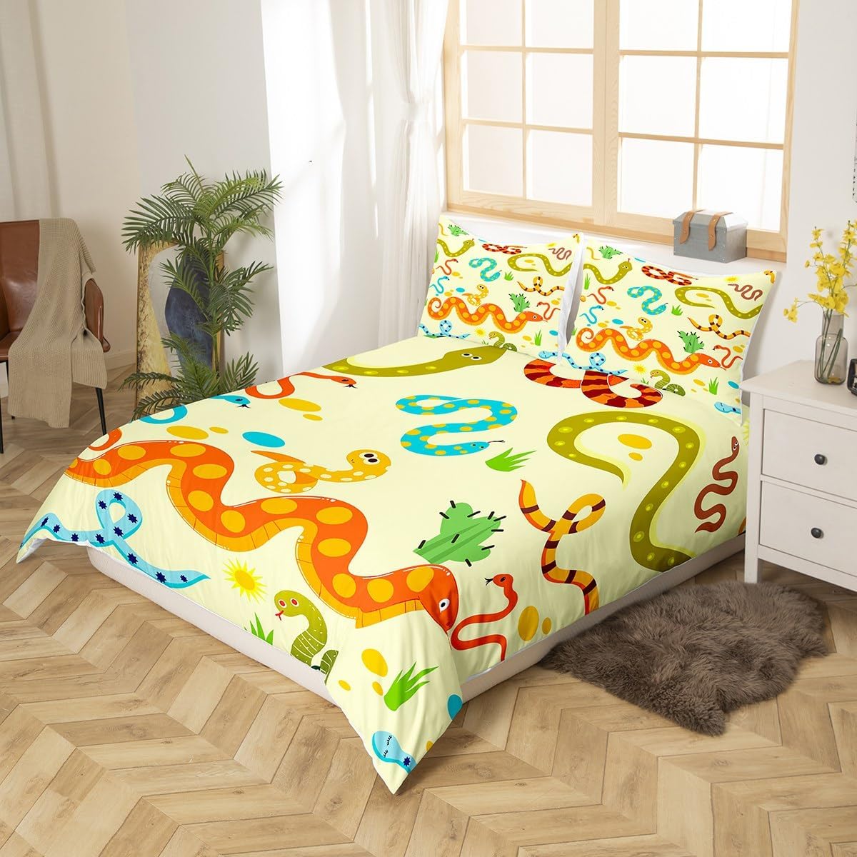 Snake Comforter Sets Full Size,Cartoon Snake Print Duvet Cover for Kids Teens Adults,Wildlife Animal Bedding Sets 3 Piece,Light Yellow Quilt Cover Set Bedroom Decor Soft with 2 Pillowcase