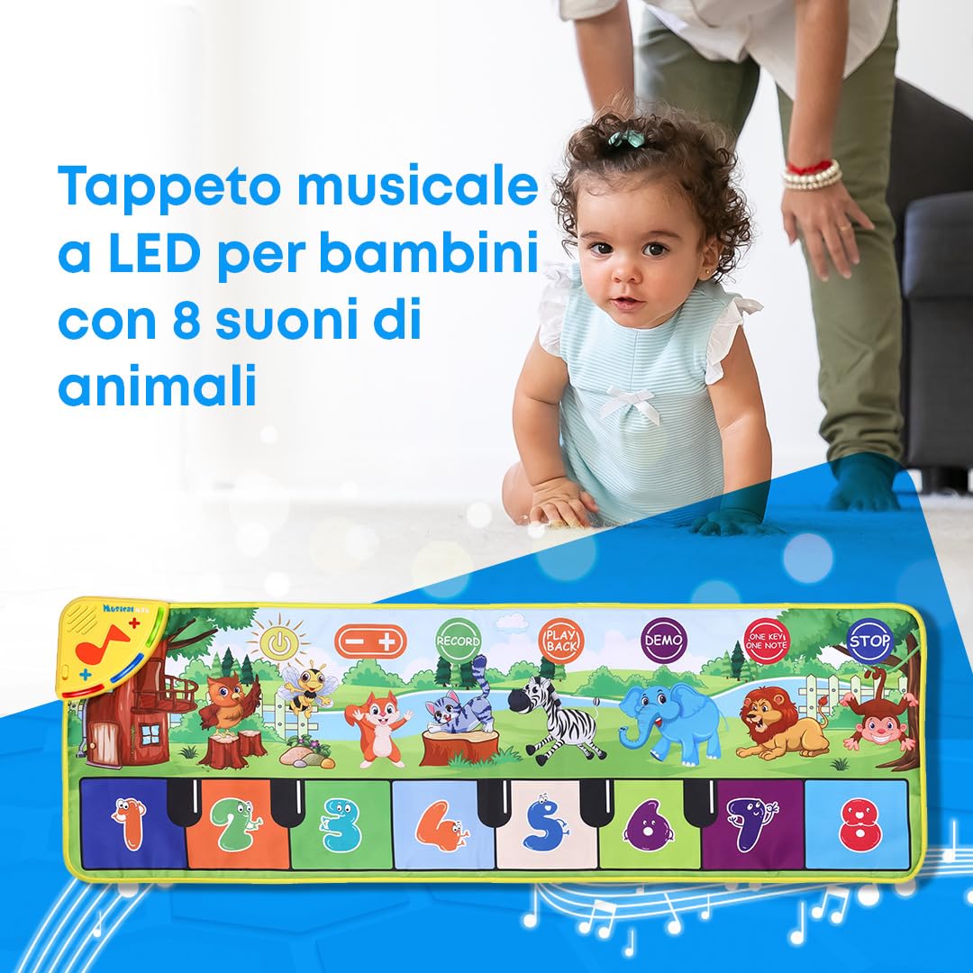 NK Tappetino Musicale per Bambini con 8 Suoni di Animali LED - Gioco Regali Bambino 3 4 5 annos, Tappeto Pianoforte Musicale Montessori, Regalo Natale e Compleanno, Funzione Record/Playback (110x36cm)