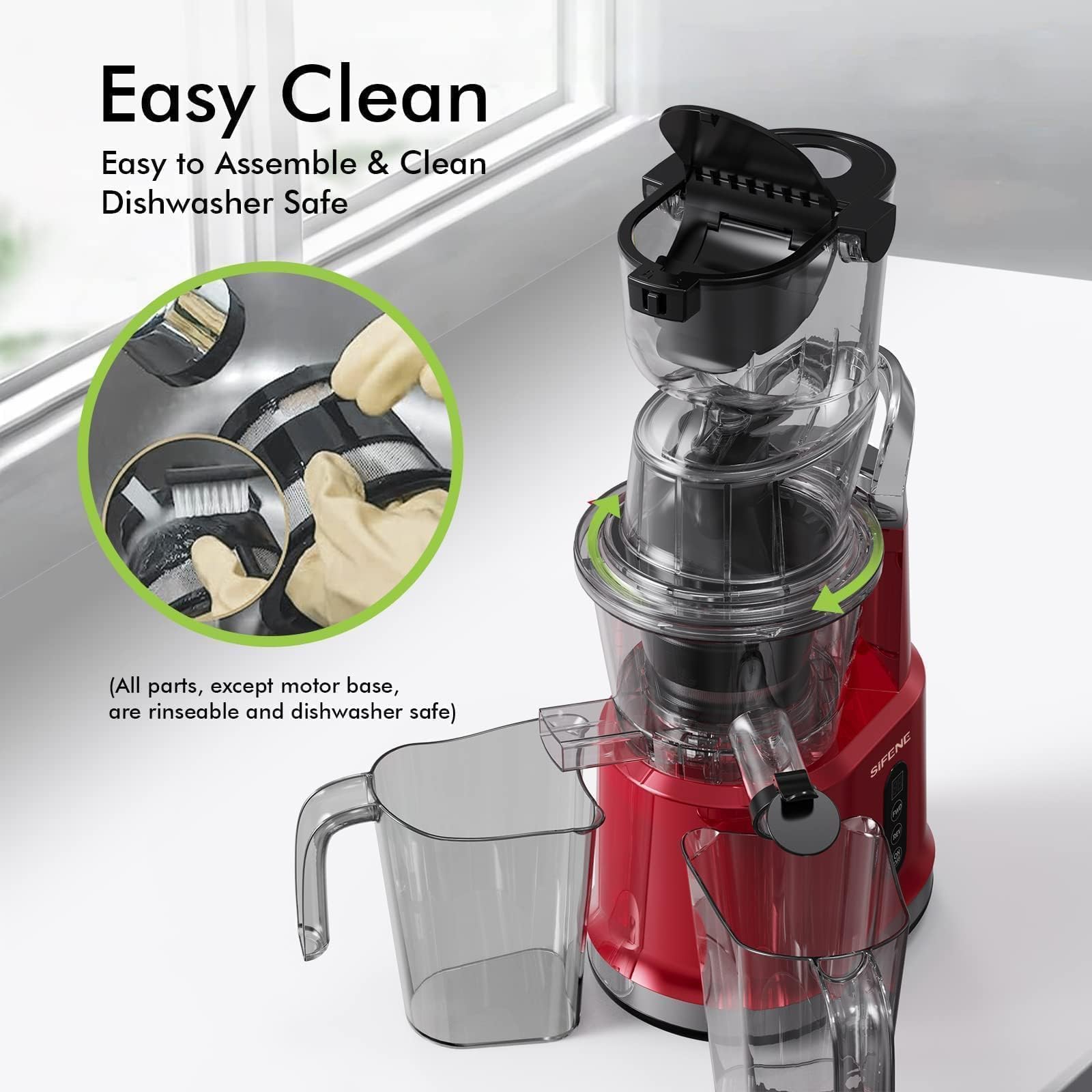 SIFENE AMR8824 - Spremiagrumi a freddo, apertura grande da 83 mm, per spremere lentamente, facile da pulire, per succo di frutta e verdura, plastica e acciaio inossidabile, rosso puro