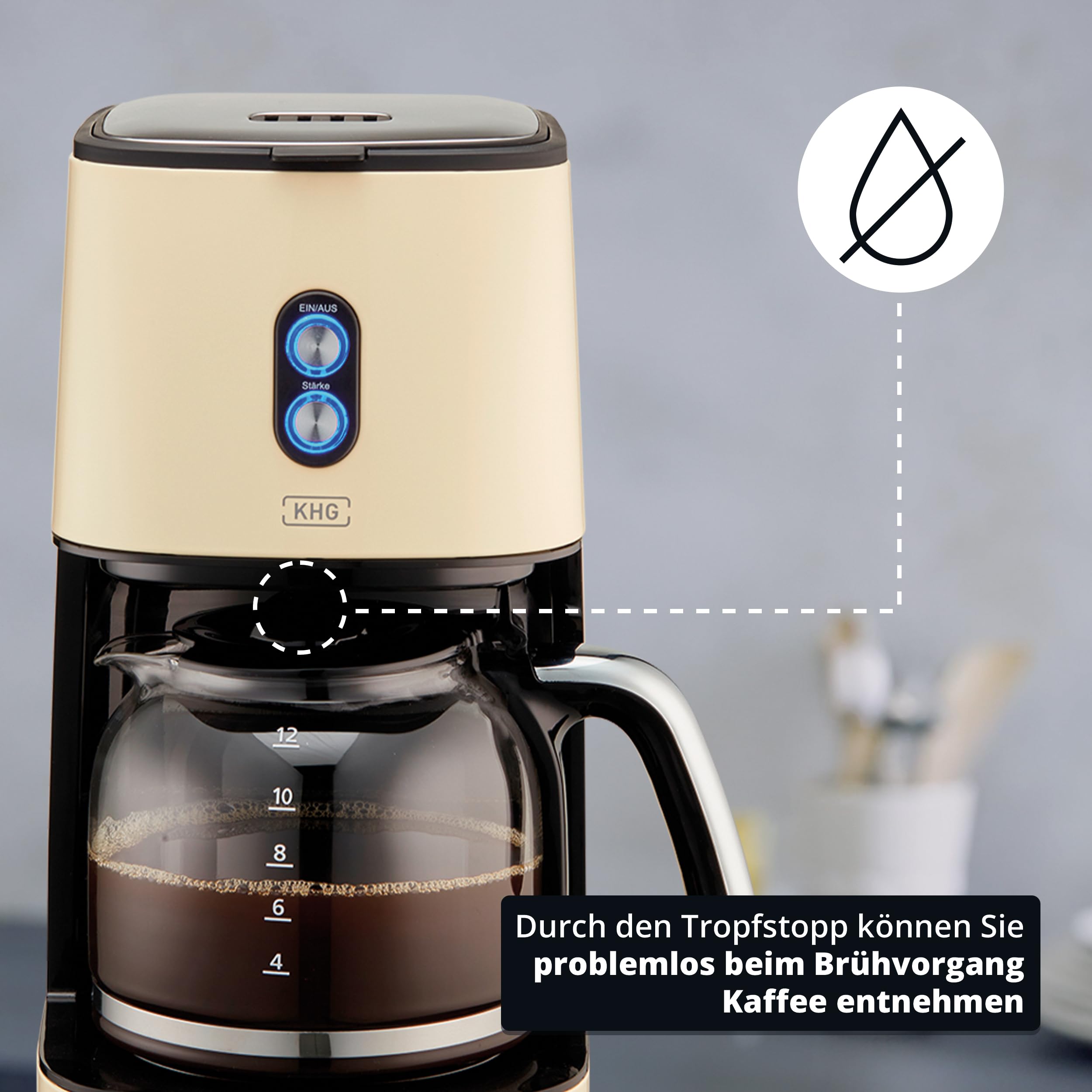 KHG Retro Filter-Kaffeemaschine KA-185 CE in creme aus Edelstahl/Kunststoff, Kapazität für 12 Tassen, 1,5 Liter Glaskanne mit Wasserstandsanzeige, Permanentfilter, Tropfstopp