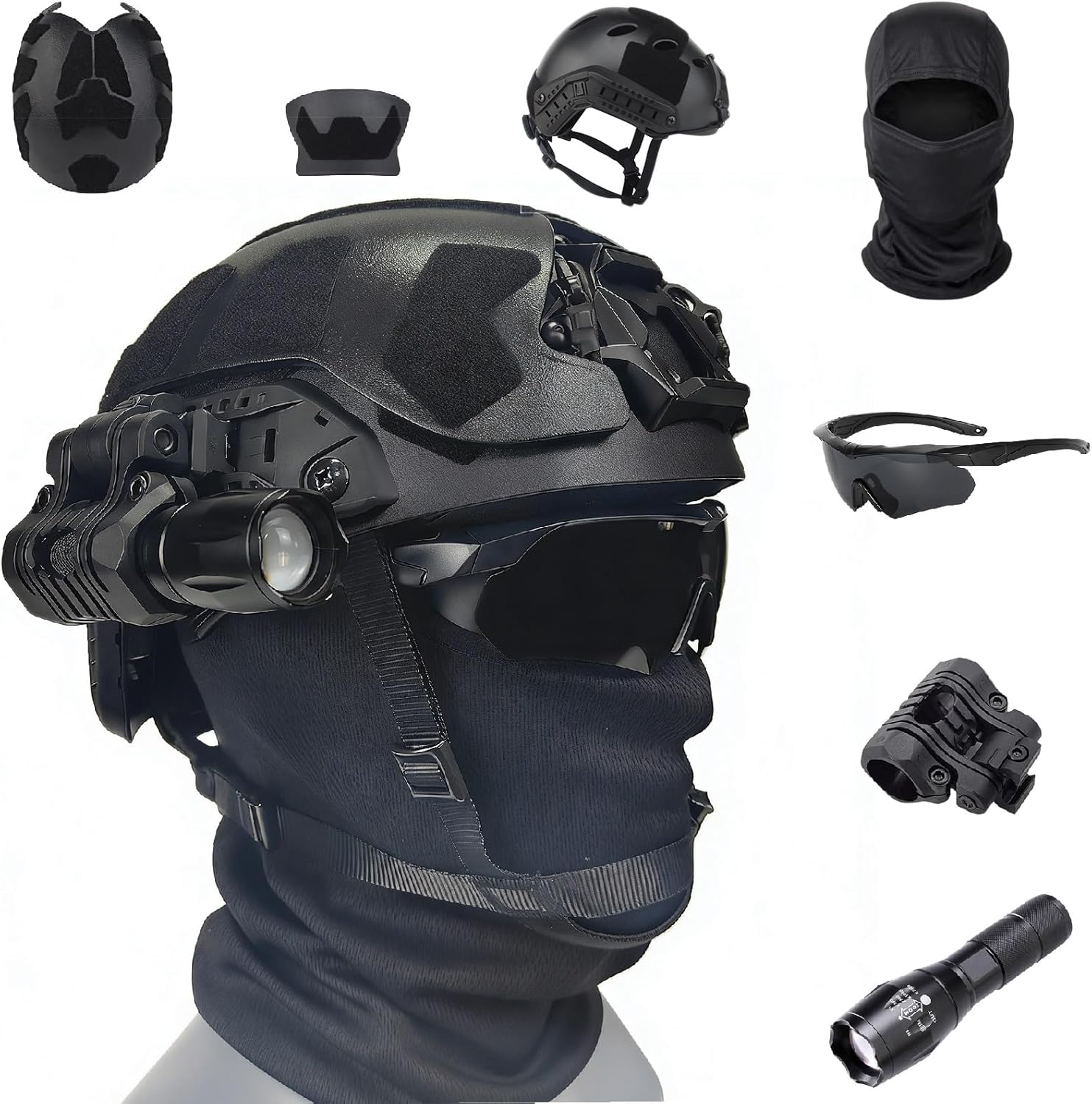 Fast Tactical Helmet Bundle: Lightweight Airsoft/Paintball w Goggles, Flashlight, Balaclava for Hunting CQB CS Games