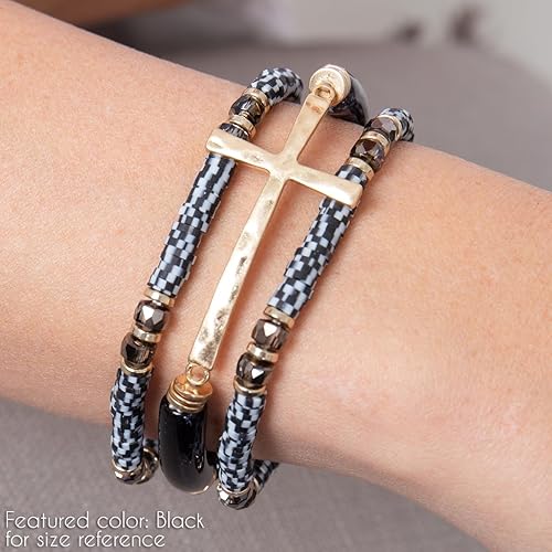 Miniatura 2 de RIAH FASHION Pulsera elástica con cuentas de barra metálica cruzada, piedra natural religiosa cristiana, semi-preciosa oración