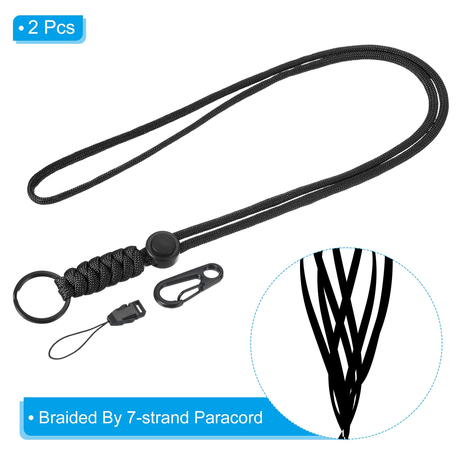 PATIKIL Paracord Lanyard 20 Inch, 2 Pack Necklace Keychain Cord Metal Clasp Hook Ring Strap for Keys Whistle ID Card Badge Holder Black - Image 3