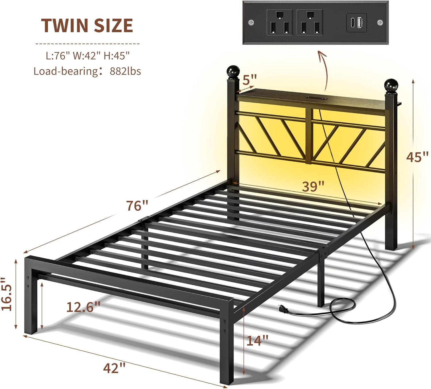 Metal Twin Bed Frames with LED Lights and Charging Station, Twin Bed Frames with Headboard and Footboard with Storage Shelves and Under Bed Storage, No Box Spring Needed, Noise Free,Black