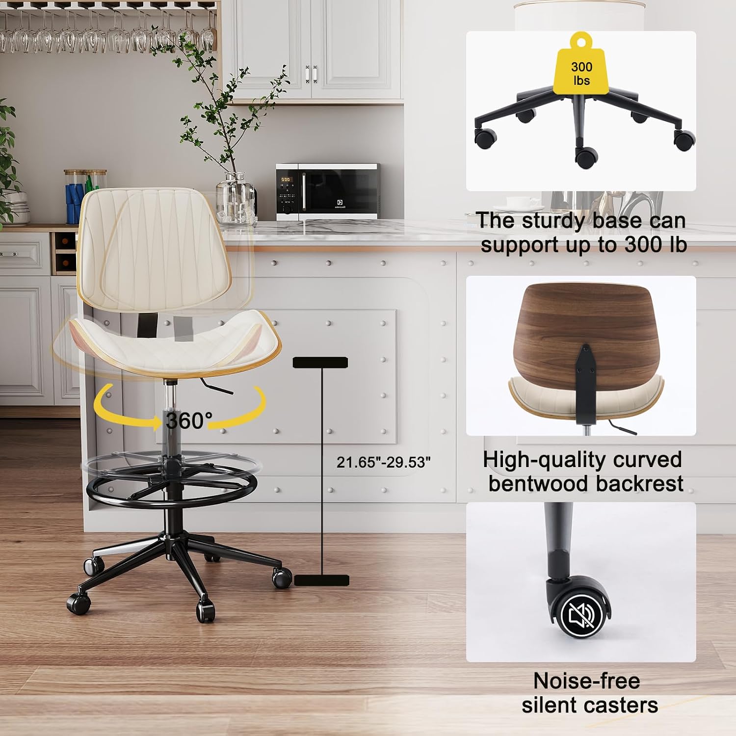 Drafting Home Office Chair, Swivel Desk Chair with Bend Wood Backrest, Ergonomic Office Chairs with Adjustable Height and Footrest Ring for Bar Lab Counter Height Desk and Drawing (Ivory)
