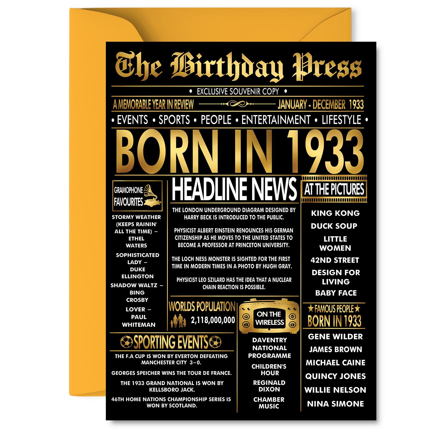 Gold 93rd Birthday Card for Men Women - Black & Golden Newspaper Born in 1933 - Happy 93 Birthday Cards for Grandad Wife Auntie Nanny Uncle Grandma, 5x7 Inch Bday Greeting Cards