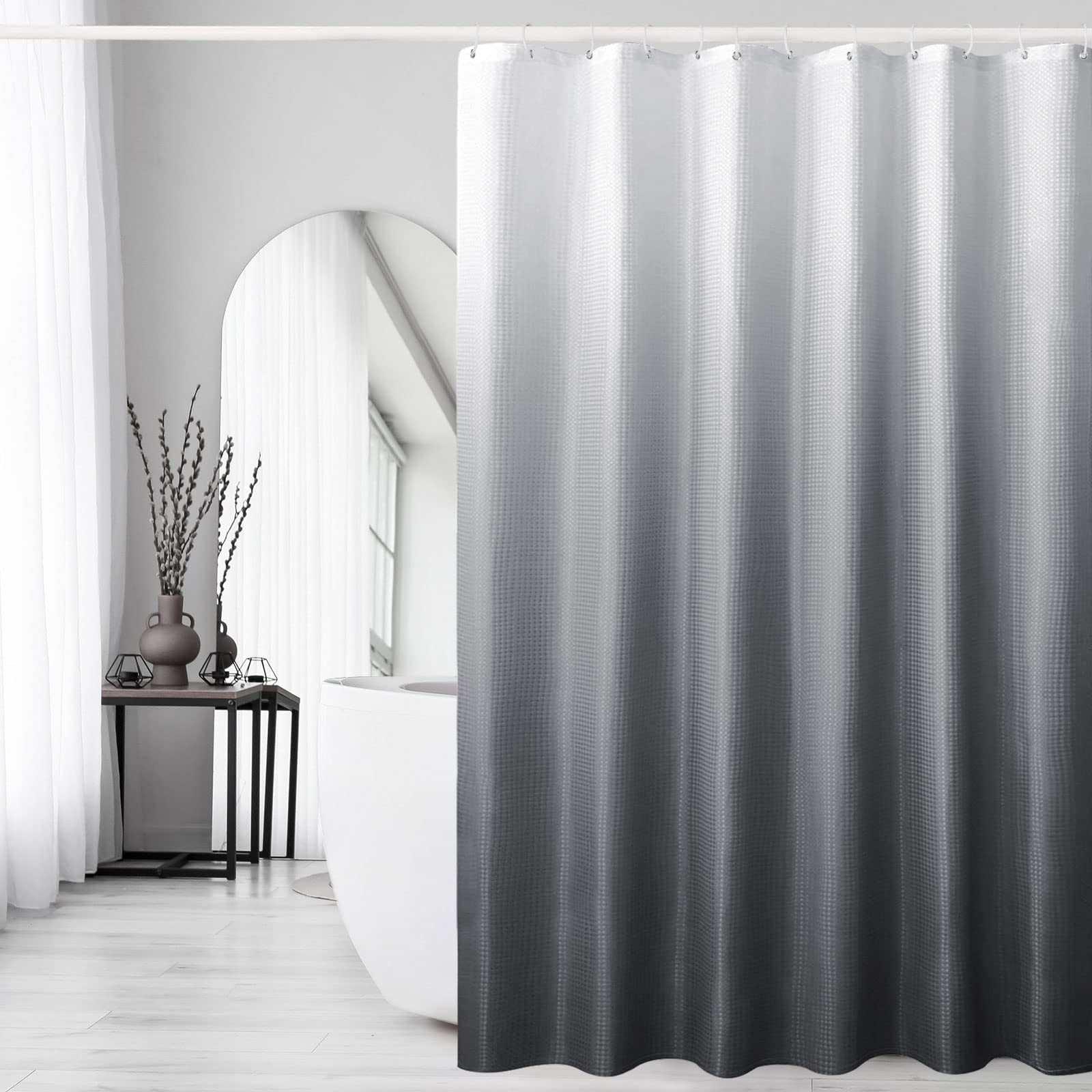 Gibelle Long Shower Curtain 72 x 78, Tall Grey Ombre Shower Curtain for Bathroom, Waffle Weave Fabric Shower Curtain Set with Hooks, Water Repellent,