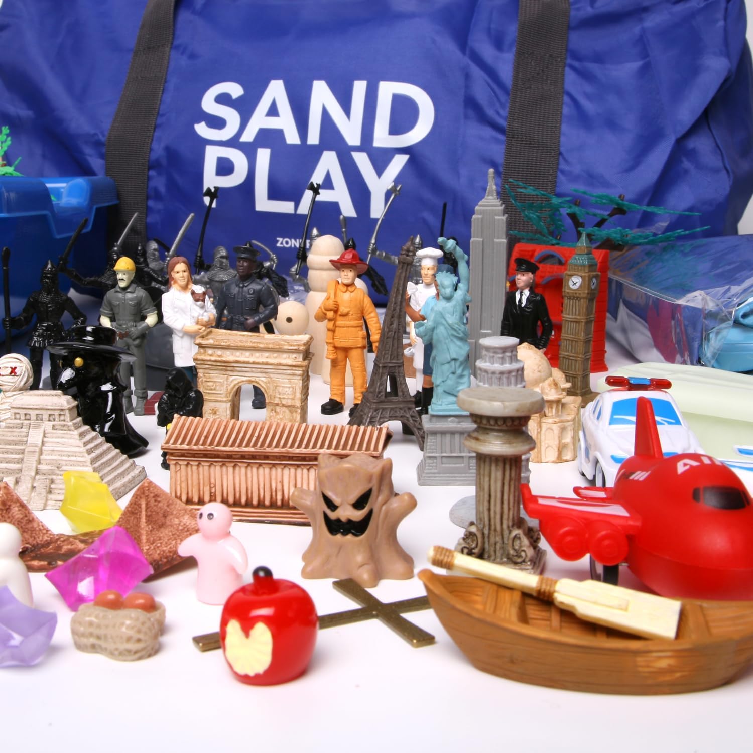 zoneree Sand Tray Therapy Portable Starter Kit: Foldable Professional Therapy Sandbox with 205 Sandtray Miniatures (Including Record Form)