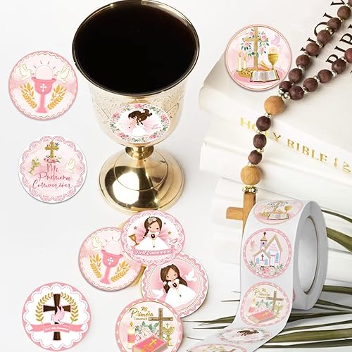 Miniatura 5 de Calcomanía de niña de la primera comunión, con texto en inglés "Thank You for Coming to My First Communion", calcomanía rosa con cruz religiosa para