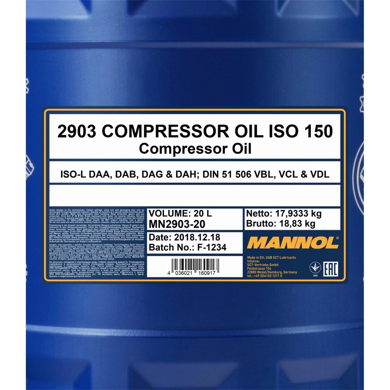MANNOL 2903 Kompressoröl ISO 150, mineralisch, für Kolbenkompressoren, 20L