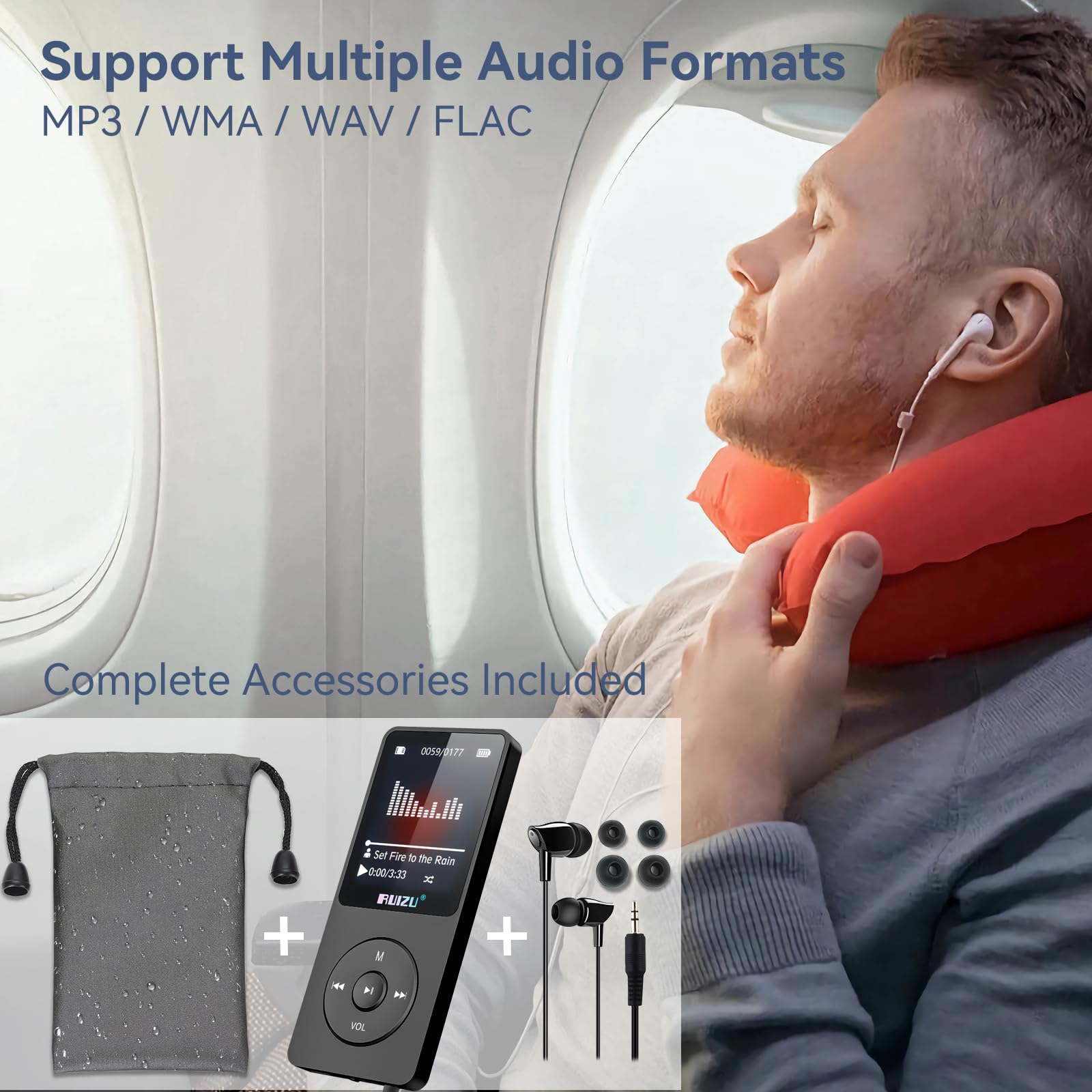 RUIZU Lettore MP3 64GB Bluetooth 5.3 Portatile con Tasti Fisici | Solo 30g, display da 1,8", fino a 80 ore di riproduzione, memoria espandibile MicroSD fino a 128GB.