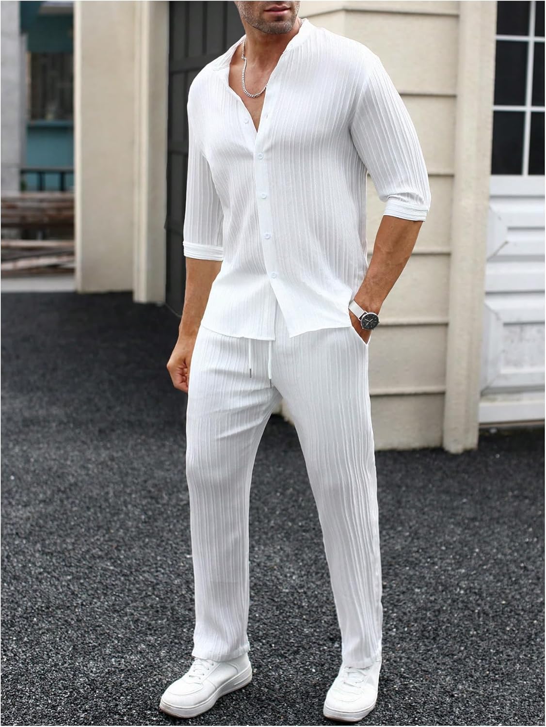 Men's 2 Piece Outfits Casual Half Sleeve Button Up Shirts and Drawstring Pocket Pants - Image 4