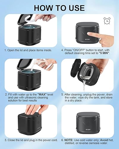 Miniatura 8 de BCOM Limpiador de joyas, limpiador ultrasónico profesional portátil de 46 kHz para retenedores dentales, protector bucal, reloj, anillo, máquina