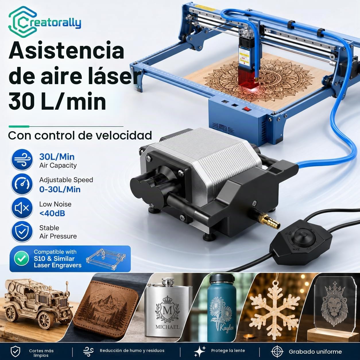 Asistencia de Aire Laser, 30L/Min Laser Air Assist con Control de Velocidad, Bomba Asistenta Para Cortadora y Grabadora Láser, alta Vida Útil y Durabilidad