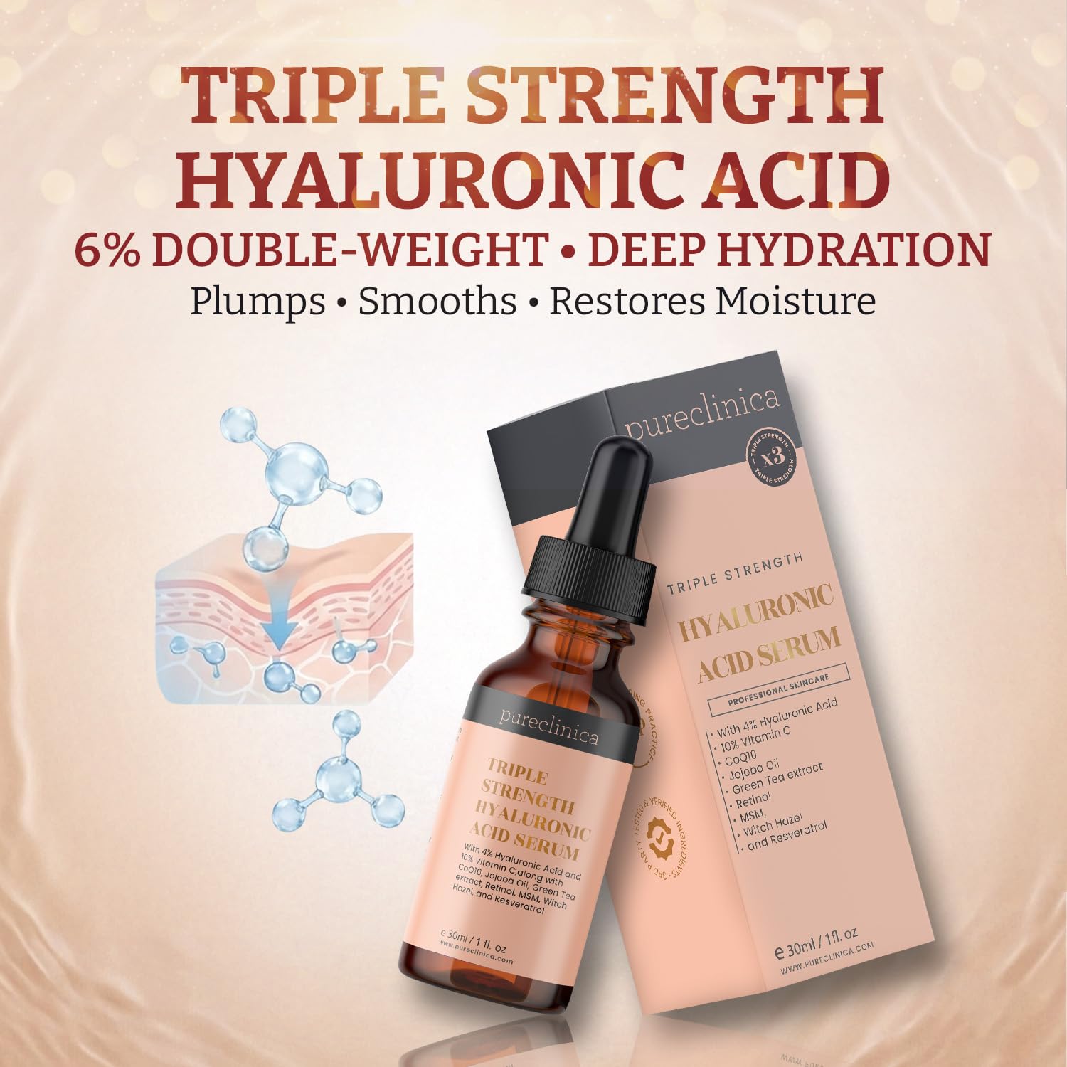 2 Flaschen TRIPLE STRENGTH HYALURONSÄURE SERUM - 6% Potenz, doppelt so wirksam, leicht einziehende Hyaluronsäure mit extra Vitaminen C & E, Resveratol und CoQ10-30 ml