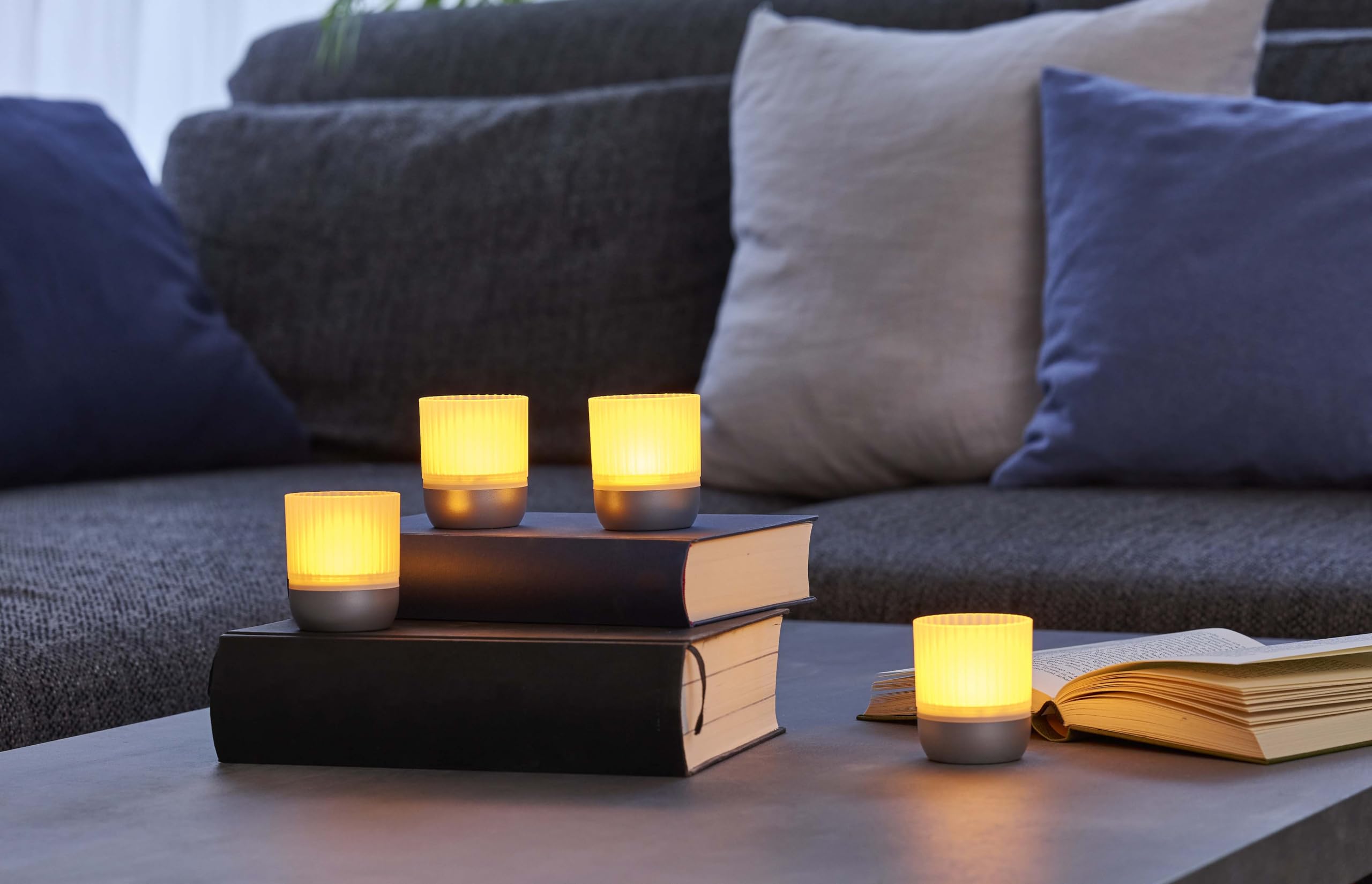 Northpoint LED Battery Lounge Lights Set of 4 with Touch Sensor Wireless for Indoor and Outdoor Use RGBW Flickering Effect Matt Silver