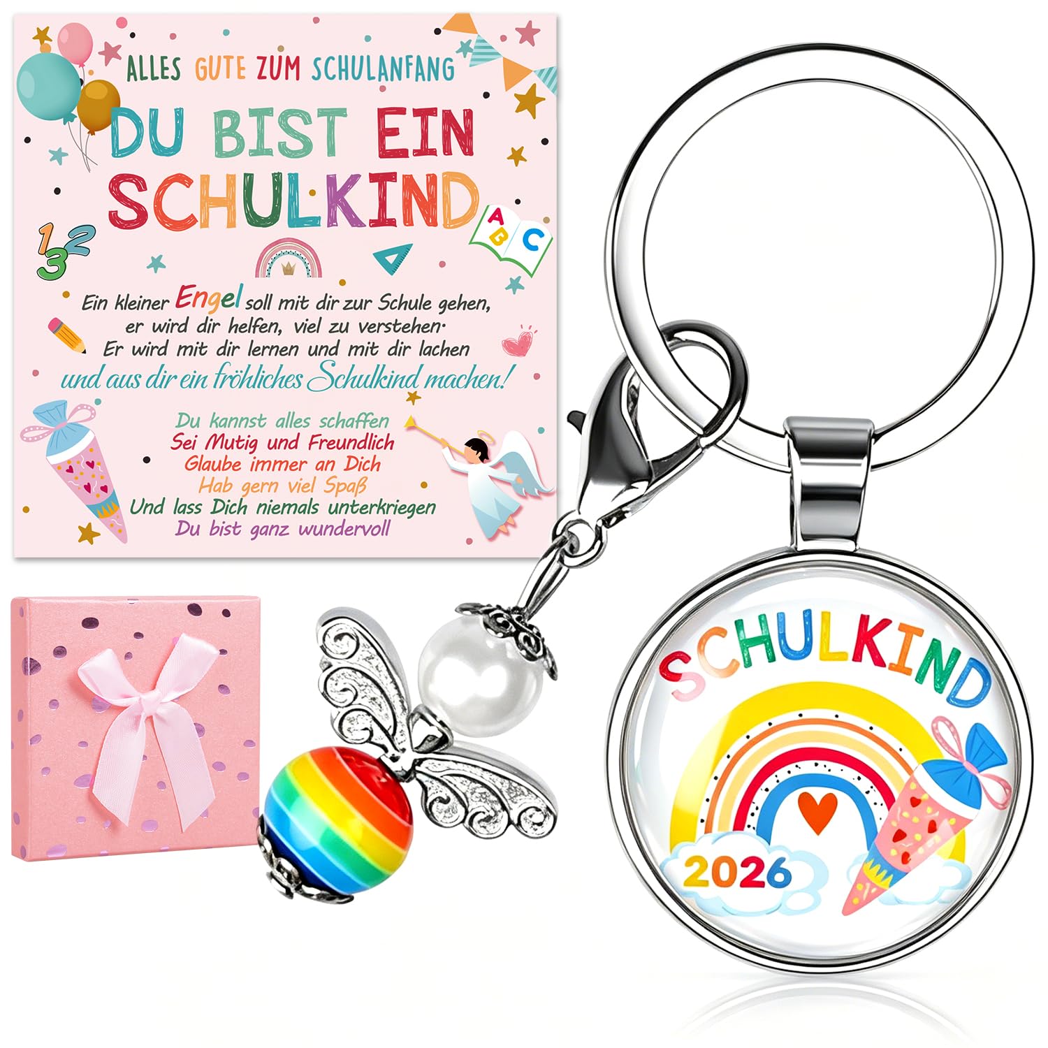 iZoeL Einschulung Mädchen Geschenk Schulkind Schultüte Schutzengel Schlüsselanhänger Schulkind 2026 Schultüte Füllung Schulanfang Glücksbringer Grußkarte Geschenkbox Rosa