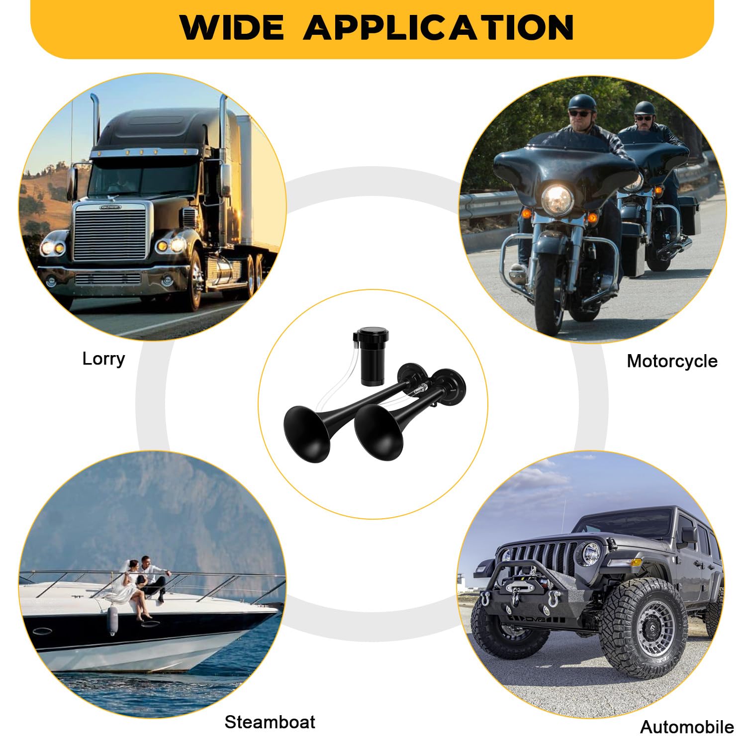 12V Drucklufthorn Lufthorn, 150dB LKW Hupe Doppelrohr Horn Schwarz Elektrische Lufthorn Hupe Chrom Zink Dual Trompete Air Horn mit Kompressor für PKW LKW Booten Motorrädern