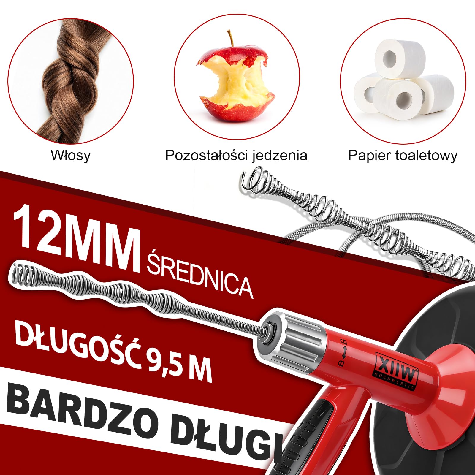 XIIW spirala do czyszczenia rur 9,5M | 2-in-1 ręczny/elektryczny z adapterem do wiertarki | Udrażniacz do rur – udrażnianie zatkanych odpływów w kuchni, łazienki | rękawice, okulary, torba w zestawie