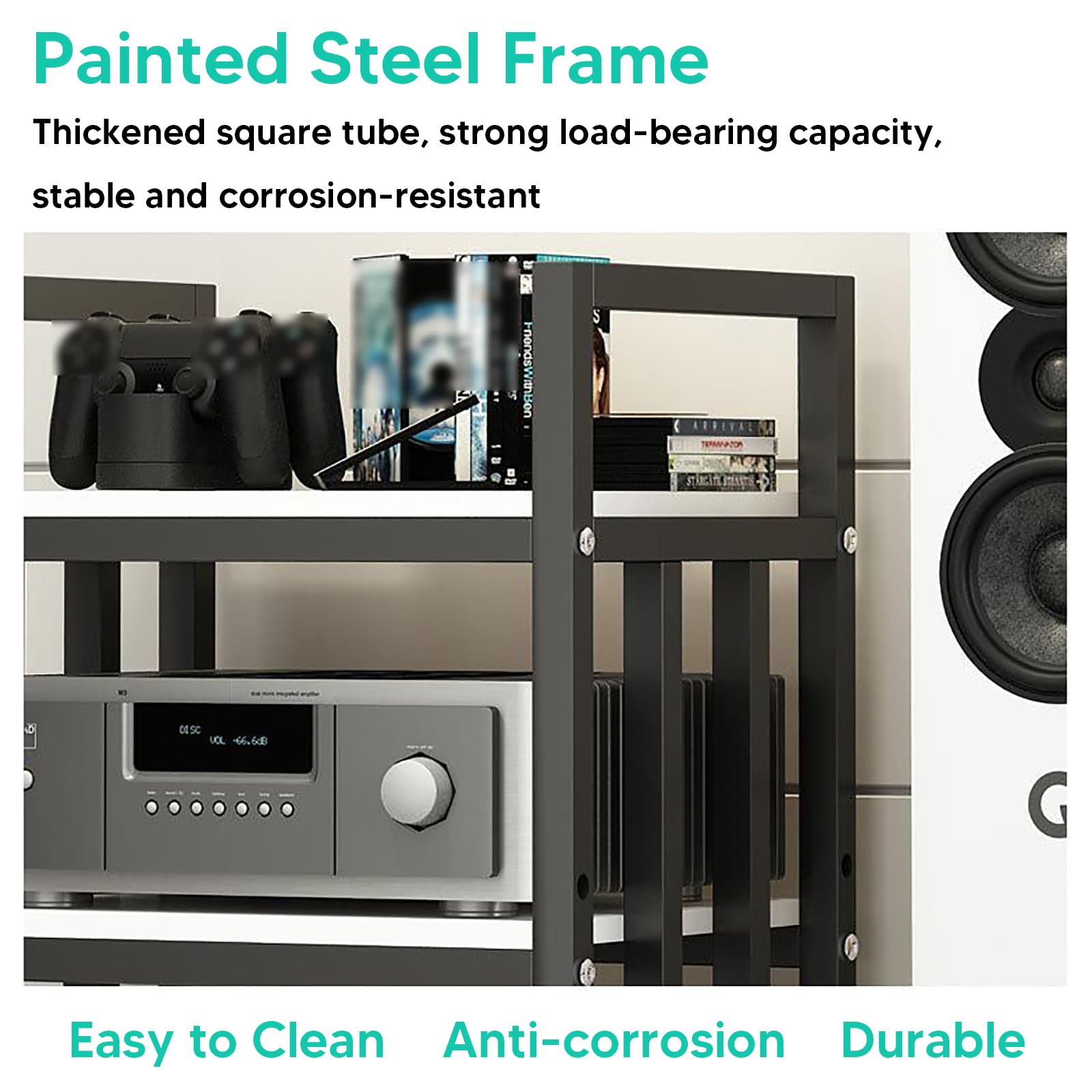 Supporto multimediale AV a 4 livelli con ripiani regolabili, mobile audio in metallo per home theater e sale giochi, nero