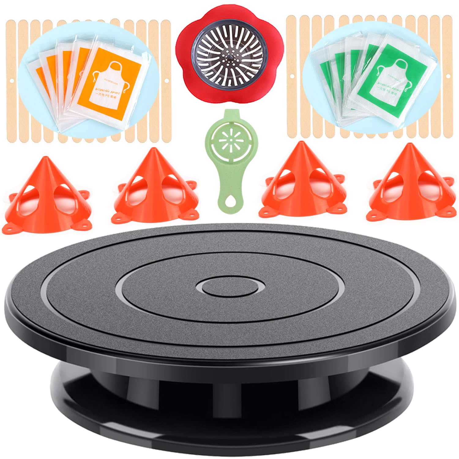 11”Rotate Turntable Sculpting Wheel Painter's Rotate Turntable Kits Acrylic Pouring Strainers Painting Cone Stand Disposable Aprons for DIY Pouring Acrylic Paint Creating Unique Patterns Art Supplies