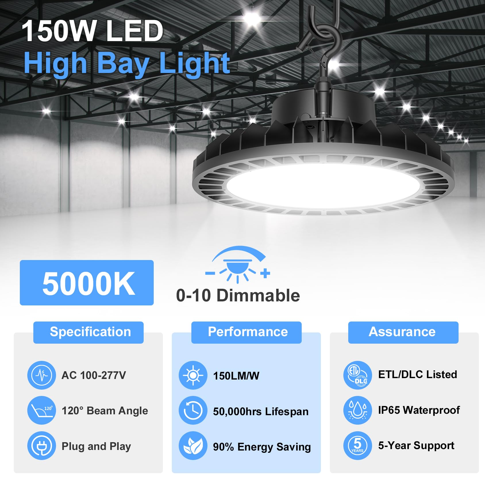 12 Pack 150W UFO LED High Bay Light 5000K 22500LM Ultra Bright IP65 Commercial Bay Lighting LED Shop — view 2