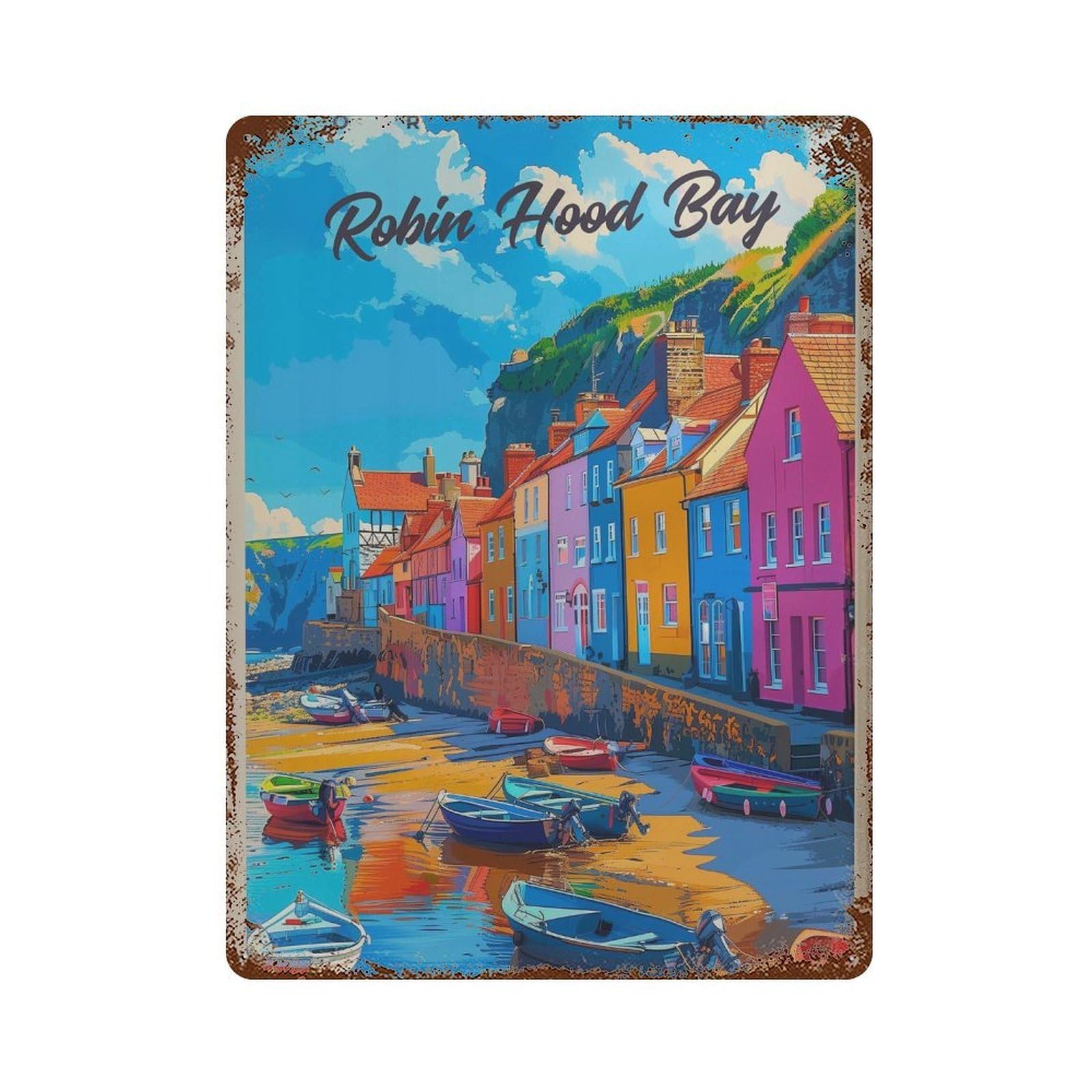 xiaoxiaoshen Robin Hood Bay Travel Yorkshire Coast Wall Decor Art Metal Tin Poster Modern Home Decor Art Home Bar Shop Decorations Vintage Sign 40x30cm
