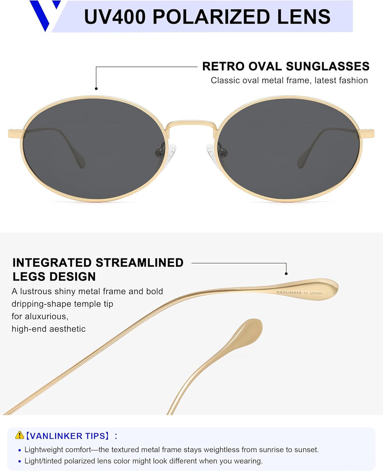 VANLINKER Retro Oval Polarized Sunglasses for Women Men Vintage 90s Metal Gold Frame Shades VL9872 - Image 4
