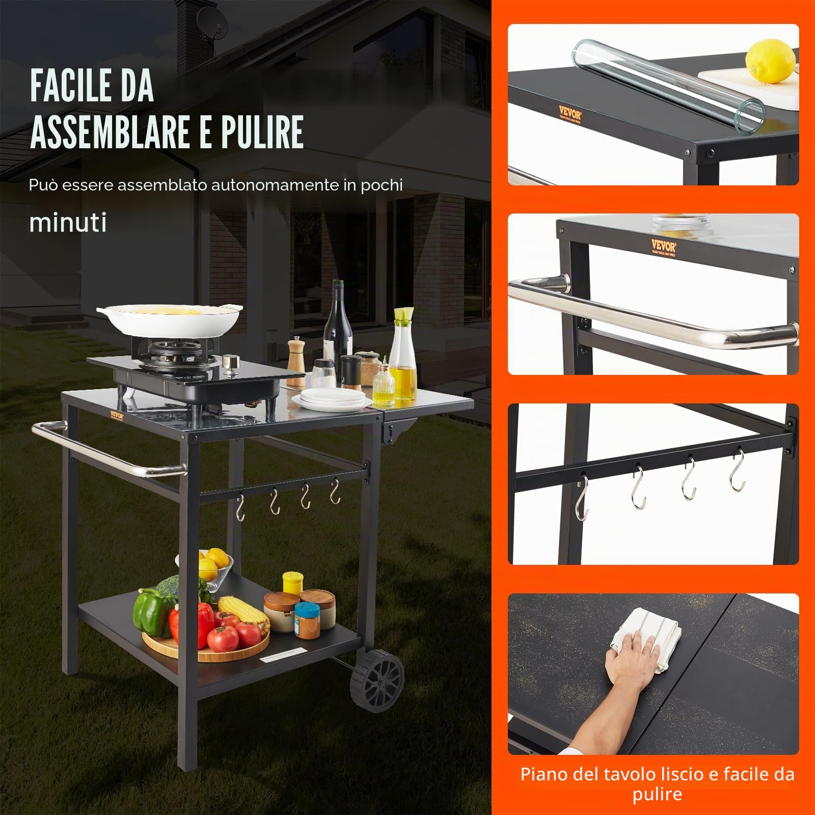VEVOR Carrello da Pranzo per BBQ da Esterno con Doppio Ripiano, Tavolo Mobile per la Preparazione degli Alimenti per Barbecue, Piano Multifunzionale in Ferro Pieghevole, Carrelli Modulari per Esterno
