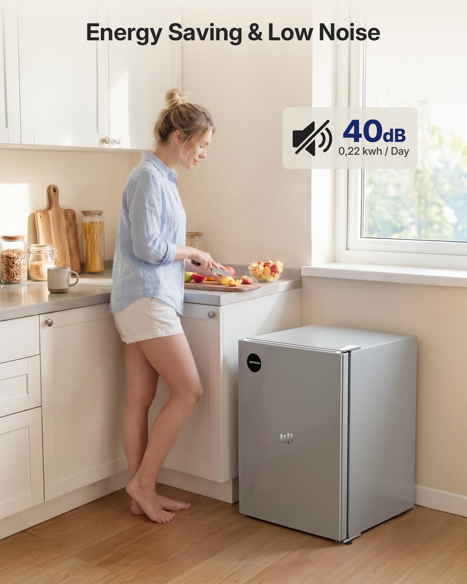 Upstreman 71L Fridge Without Freezer Compartment, 1-10°C 7-Step Temperature Control, LED Lighting, 40dB Quiet, Energy-Saving Full-Size Refrigerator for Bedroom, Office, Kitchen, CR71-Silver - 4