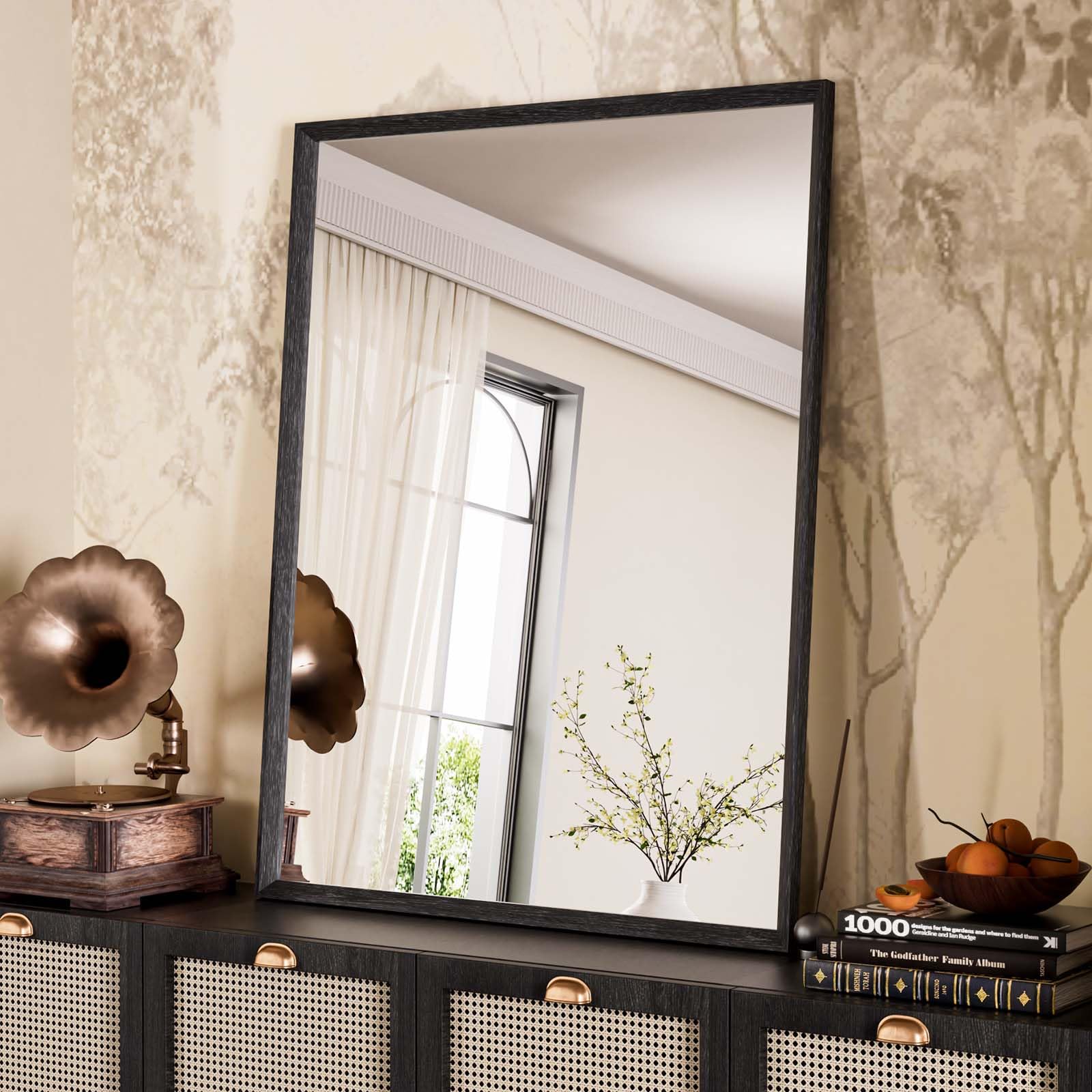 WEER Black Bathroom Mirror, 70x90cm Polymer Frame Rectangular Wall Mirror with Vintage Texture & Tempered Glass, Waterproof Horizontal or Vertical Home Decor for Bathroom, Bedroom, Living Room — image 1