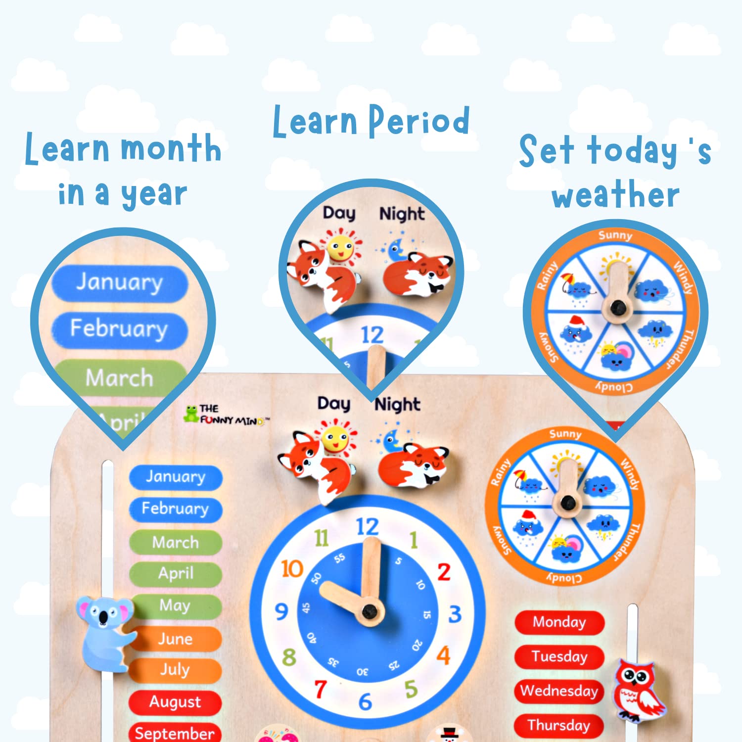 The Funny Mind Birch Wooden Activity Teaching Clock and Calendar for Kids 7 in 1 Learning Toy for Dates, Days, Months, Weather, and Time Recognition with Cute Animal Shaped and Moveable Hands Clock - Image 2 thumbnail
