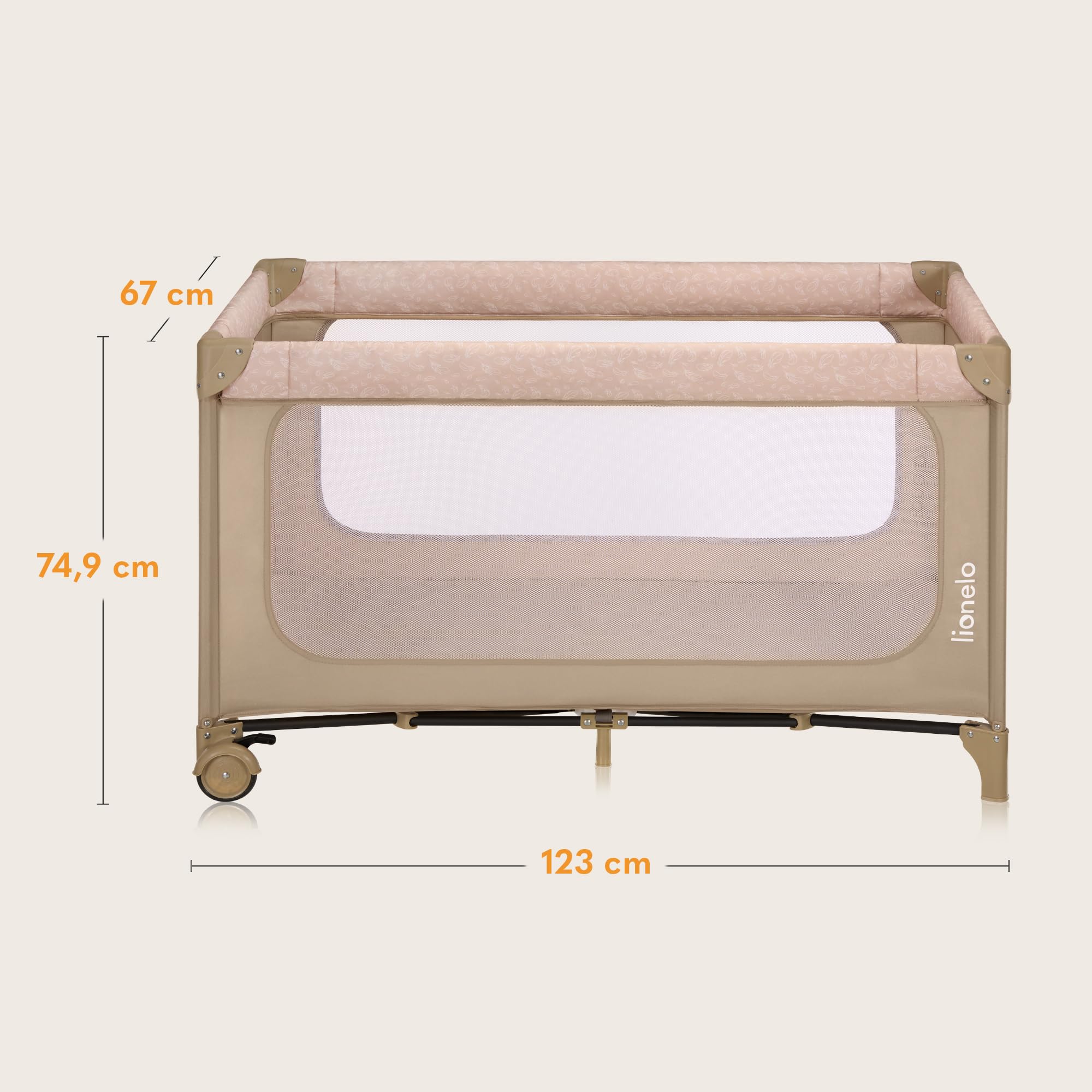 lionelo Jasmin Easy FoldCuna de Viaje para Niños de hasta 15 kg de 0 a 36 Meses Colchón de Espuma T25, 2 Niveles de Altura, Easy Fold, Entrada Lateral, Ruedas (Beige)