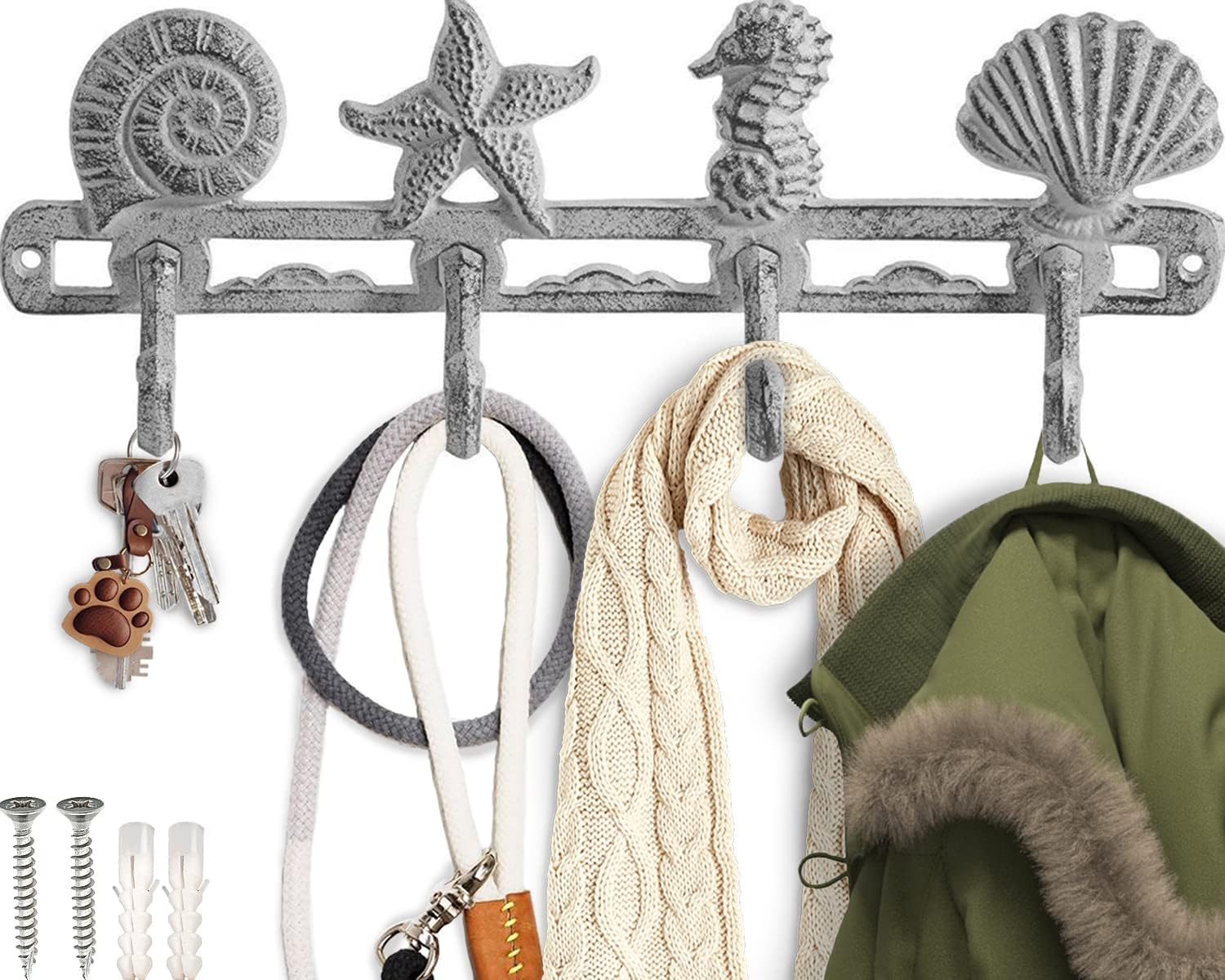 Comfify Vintage Seashell Coat Hook Hanger Rustic Cast Iron Wall Hanger w/4 Decorative Hooks - Includes Screws and Anchors - in Antique White - Beach House Decor - Antique White