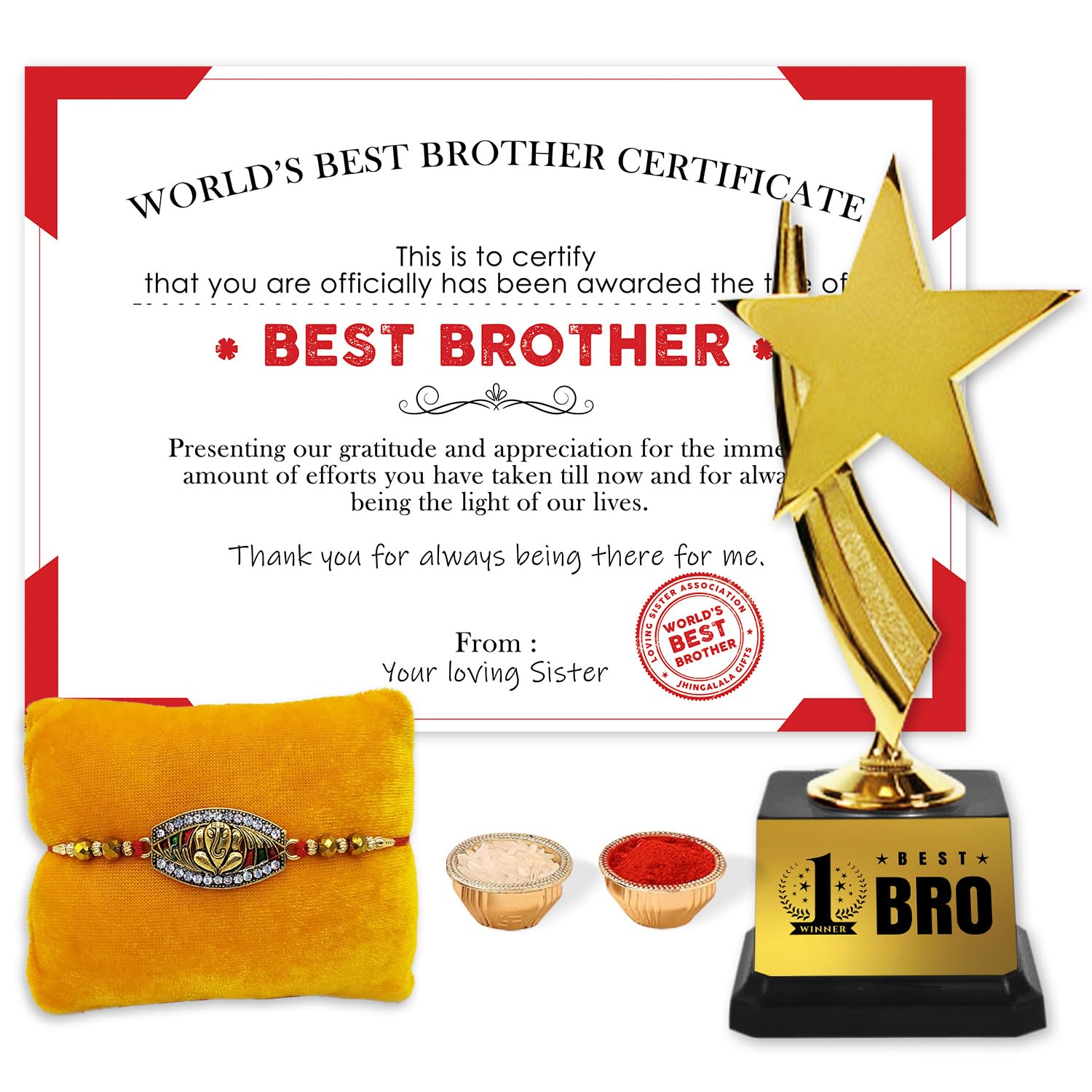 Jhingalala Raksha Bandhan Gifts for Brother I Best Bro Trophy with Certificate and Rakhi I Best Rakshabandhan Gift for Brother I Certificate Size A5, Unframed I Trophy Size 19x8x6 Cm-picture-20