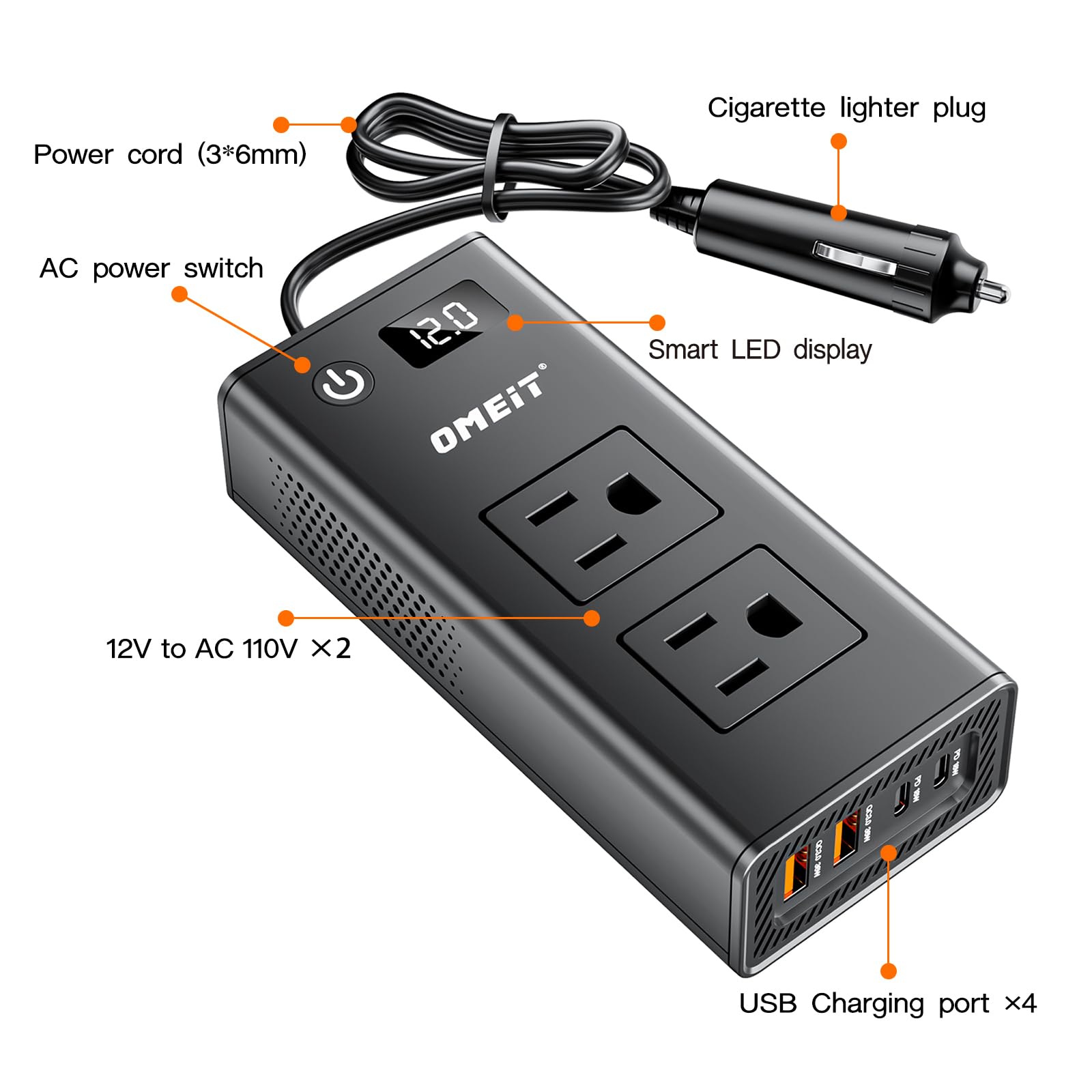 200W Car Power Inverter, OMEiT DC 12V to AC 110V Converter with Fast Charger 2 USB-A (36W), 2 USB-C (20W) Ports, Dual AC Outlets, Car Plug Adapter Outlet with LED Display for Laptop Phones, Black