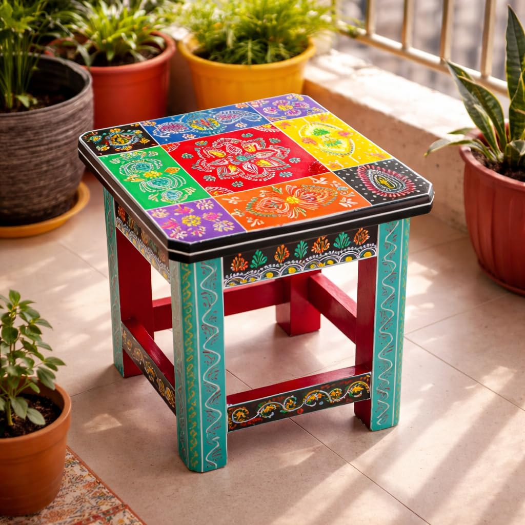 Handcrafted Wooden Stool for Living Room & Balcony | Multicolor Hand Painted Side Table | Traditional Decorative Chowki for Home Décor, Plant Stand & Coffee Table-image-0