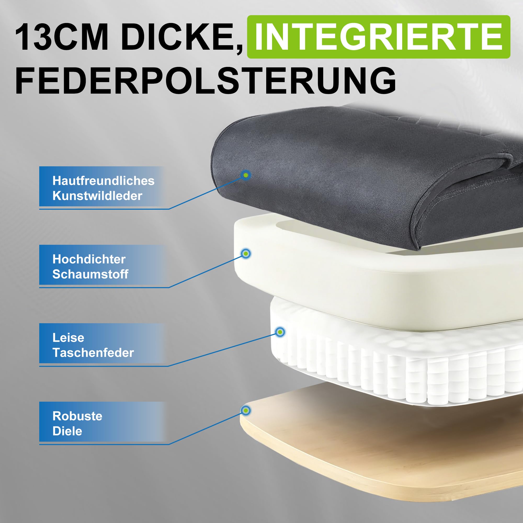 Andyou Gaming Stuhl mit Fußstütze–ergonomischer Bürostuhl, Rückenlehne 90–155°mit verbundenen Armlehnen, Suède-Bezug, Federsitzkissen, Schreibtischstuhl, belastbar bis 150 kg, grau